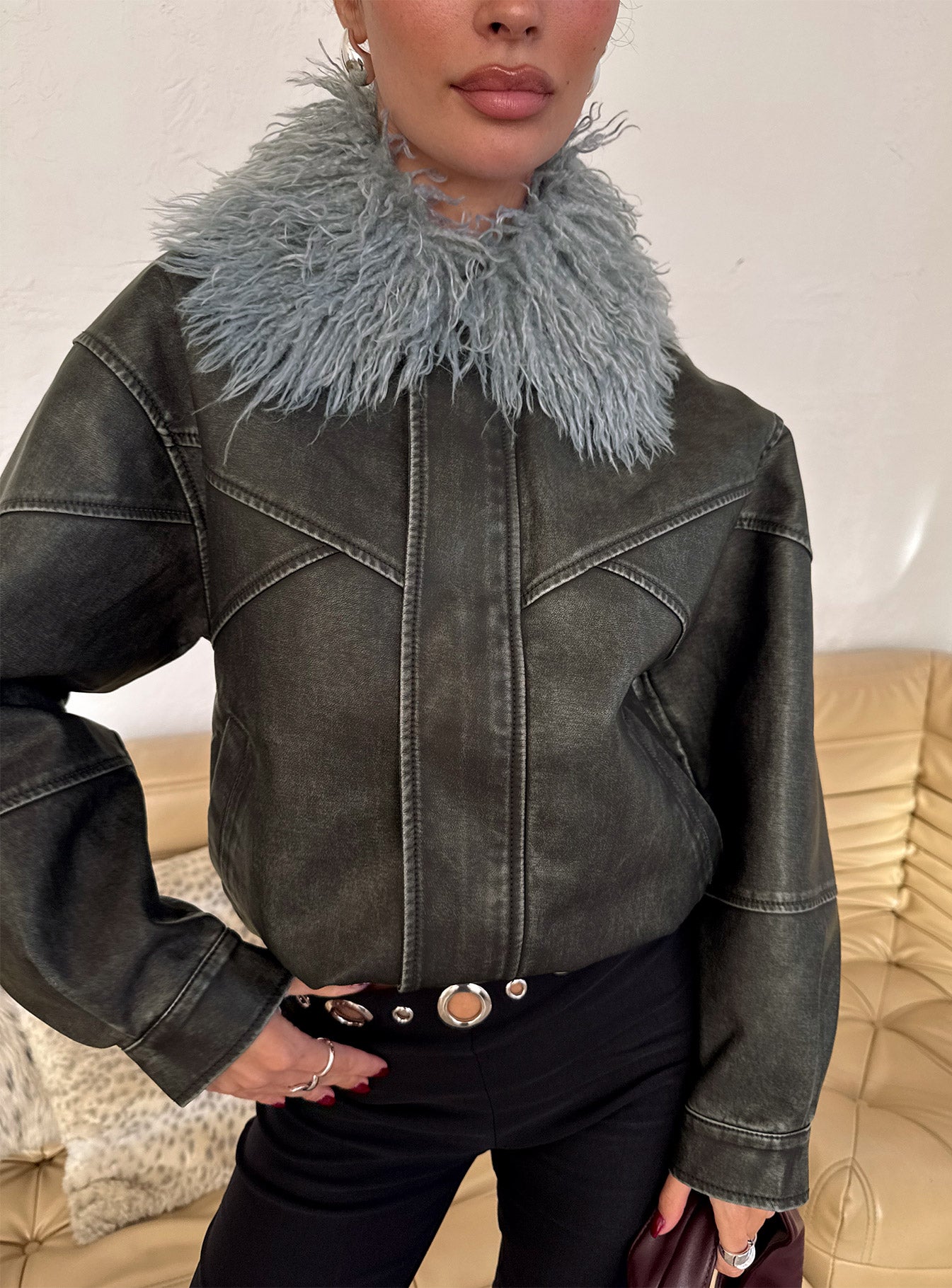 Brittanni Fluffy Collar Jacket Black  Blue