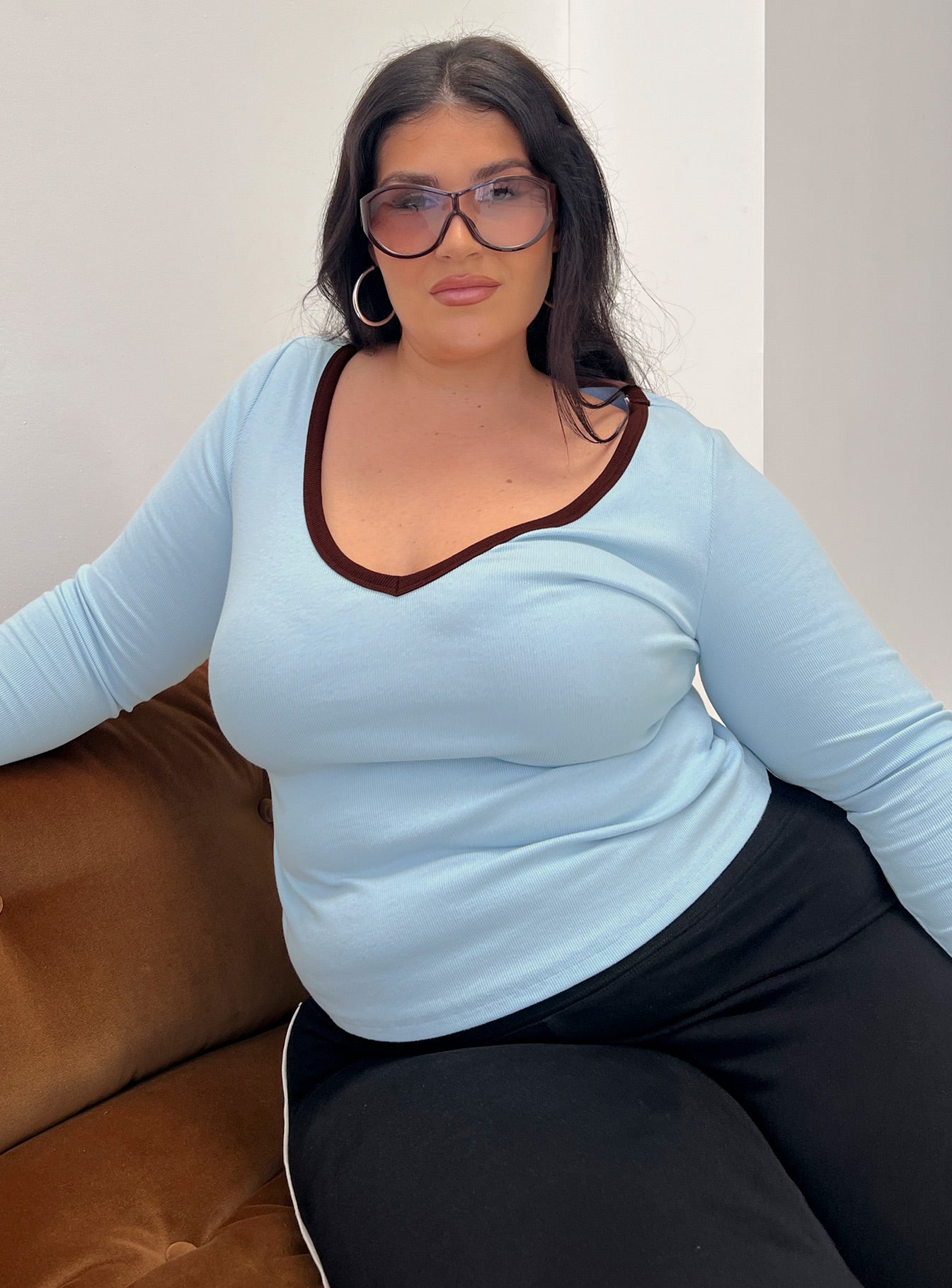 Baseline V Neck Long Sleeve Top Blue  Brown Curve