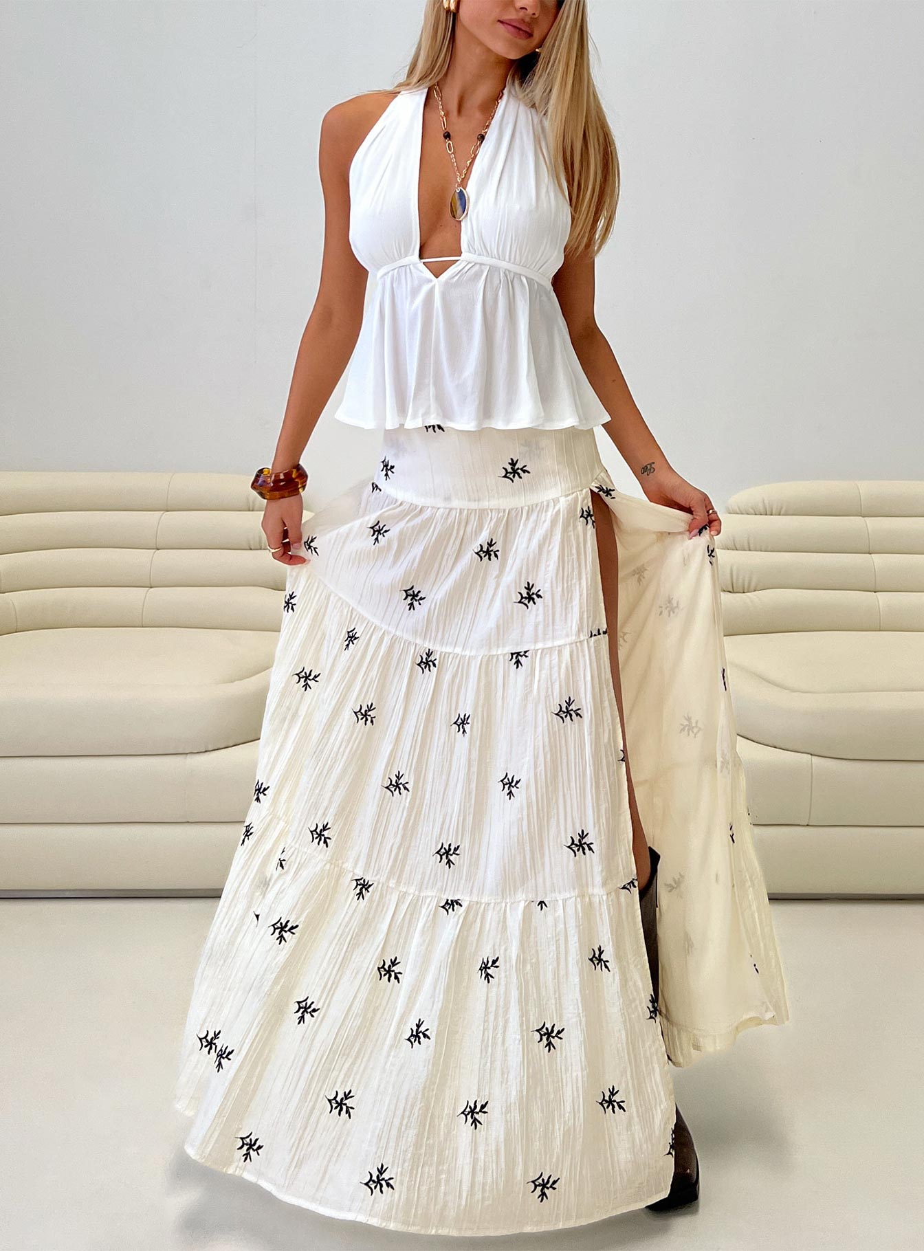 Cinnamon Embroidered Maxi Skirt Cream  Navy