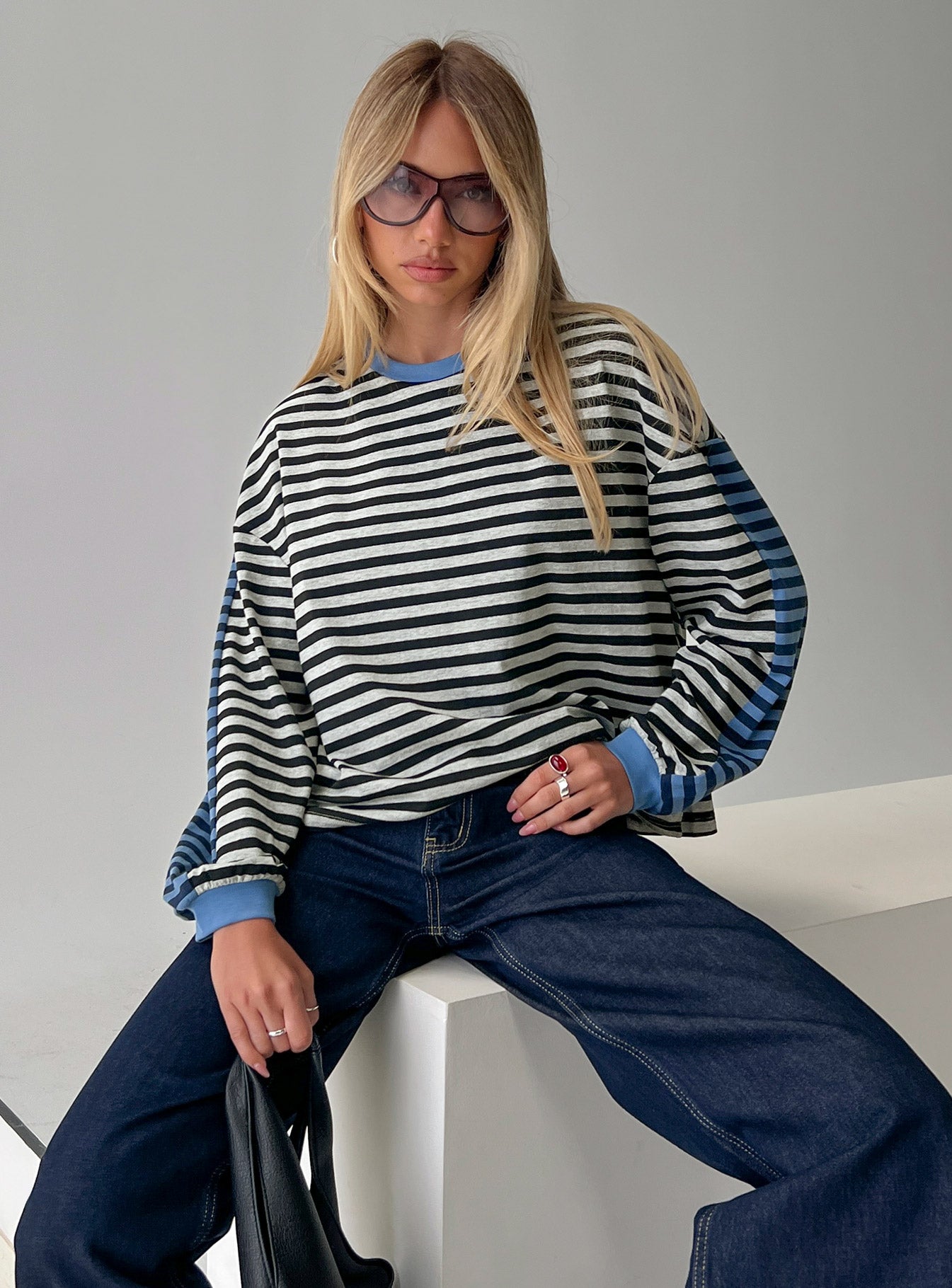 Taysha Long Sleeve Top Black  Grey Stripe