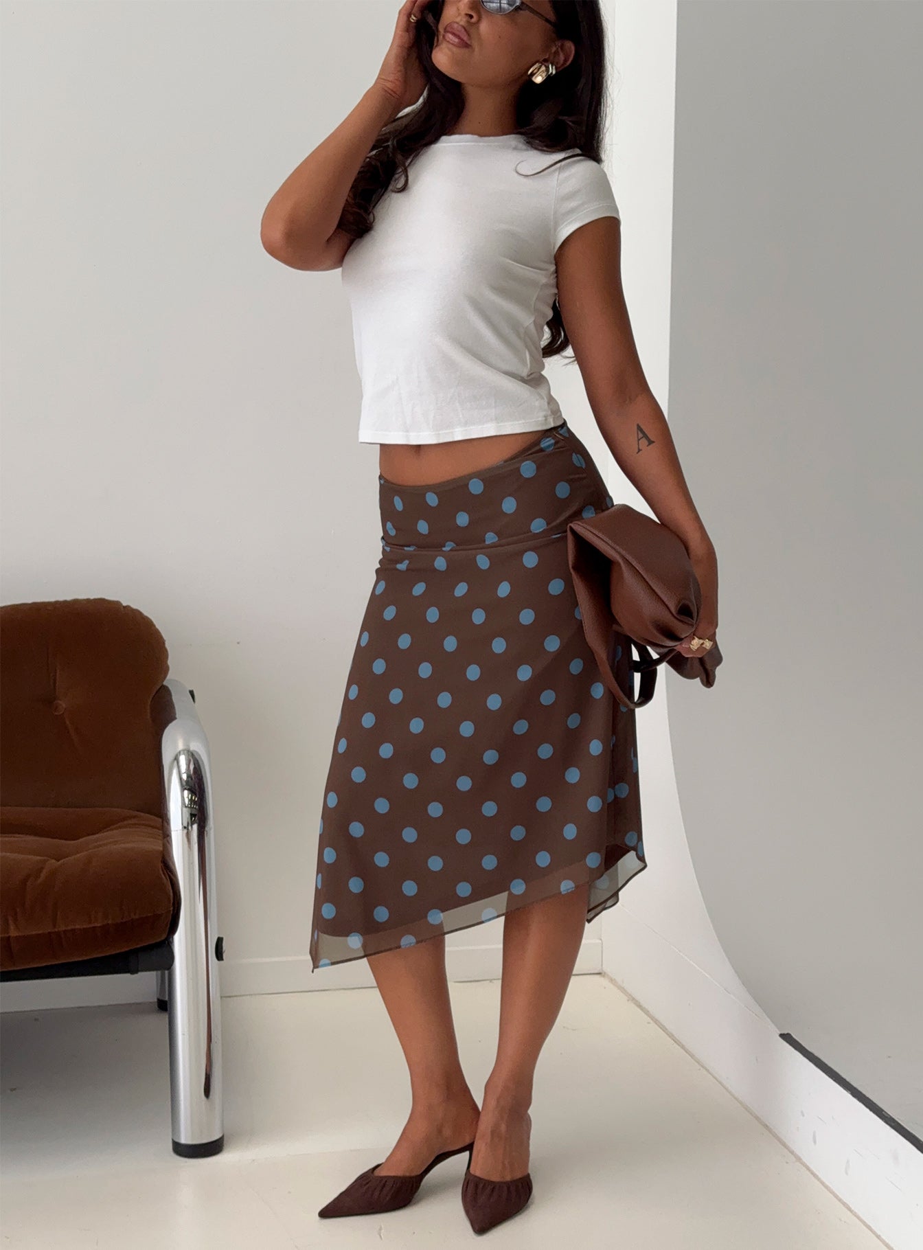 Daphene Asymmetrical Midi Skirt Brown  Blue Polka Dot