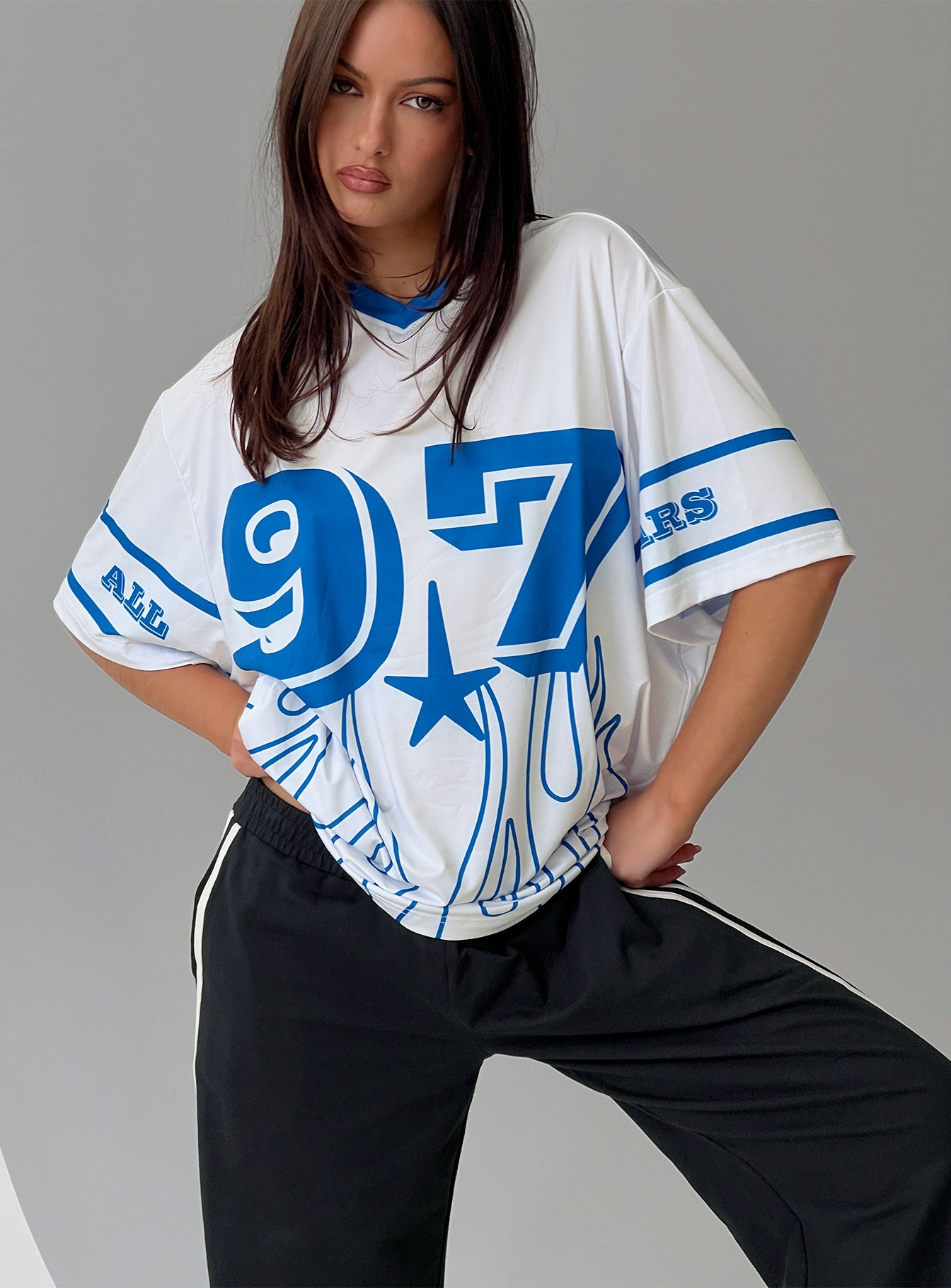 97 Sportstar Oversized Jersey Graphic Top White  Blue