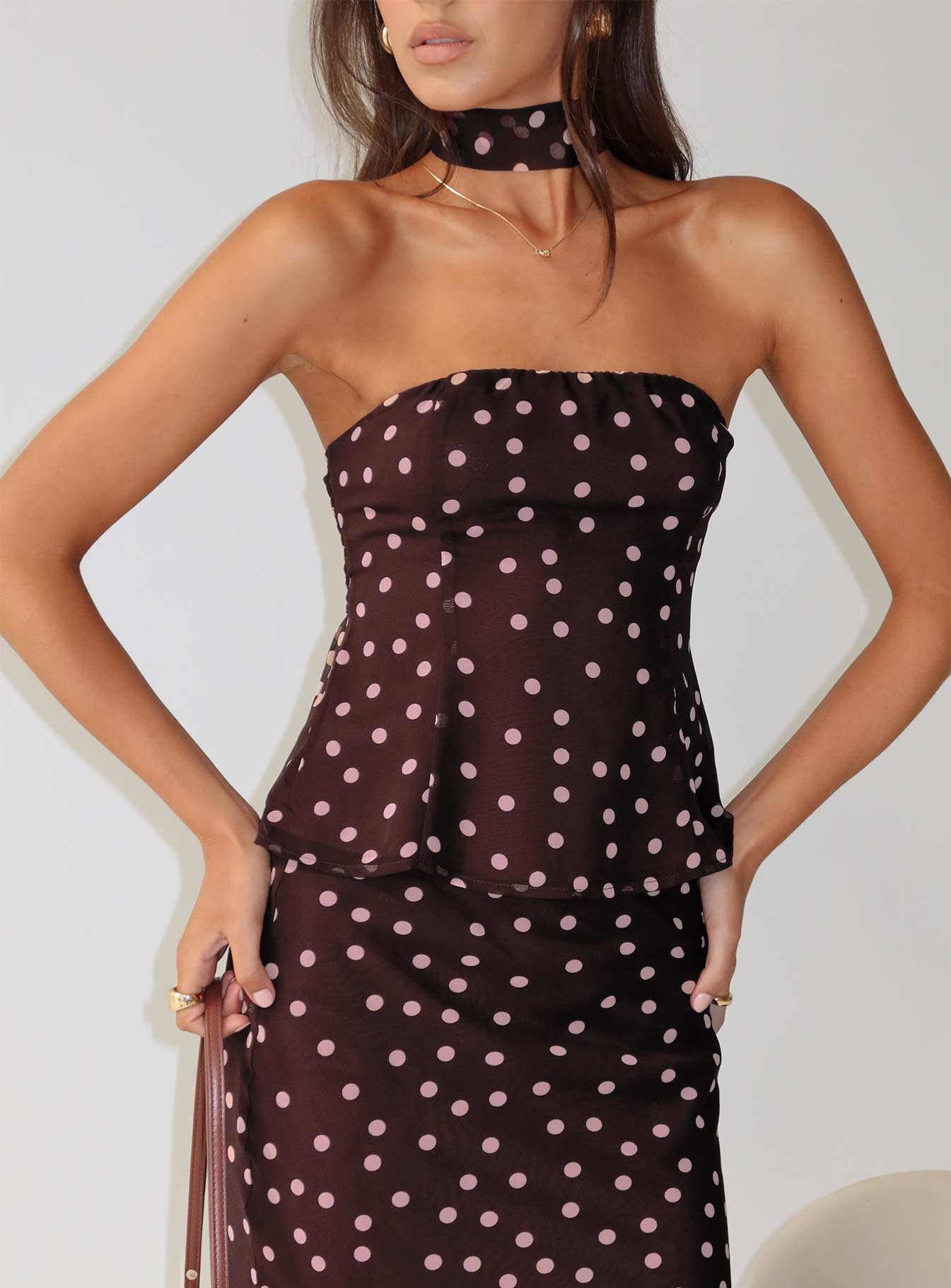 Sydni Scarf Detail Strapless Top Chocolate  Pink Polka