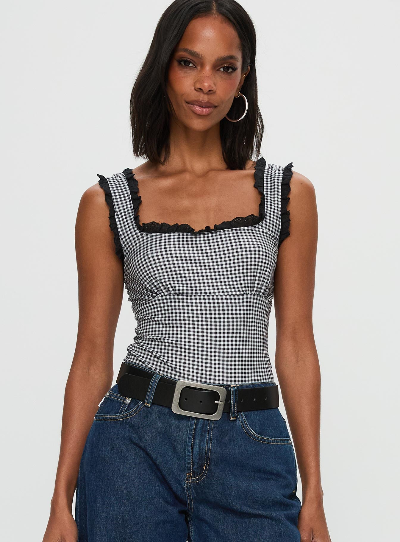 Trustfund Lace Trim Bodysuit Black  White Check