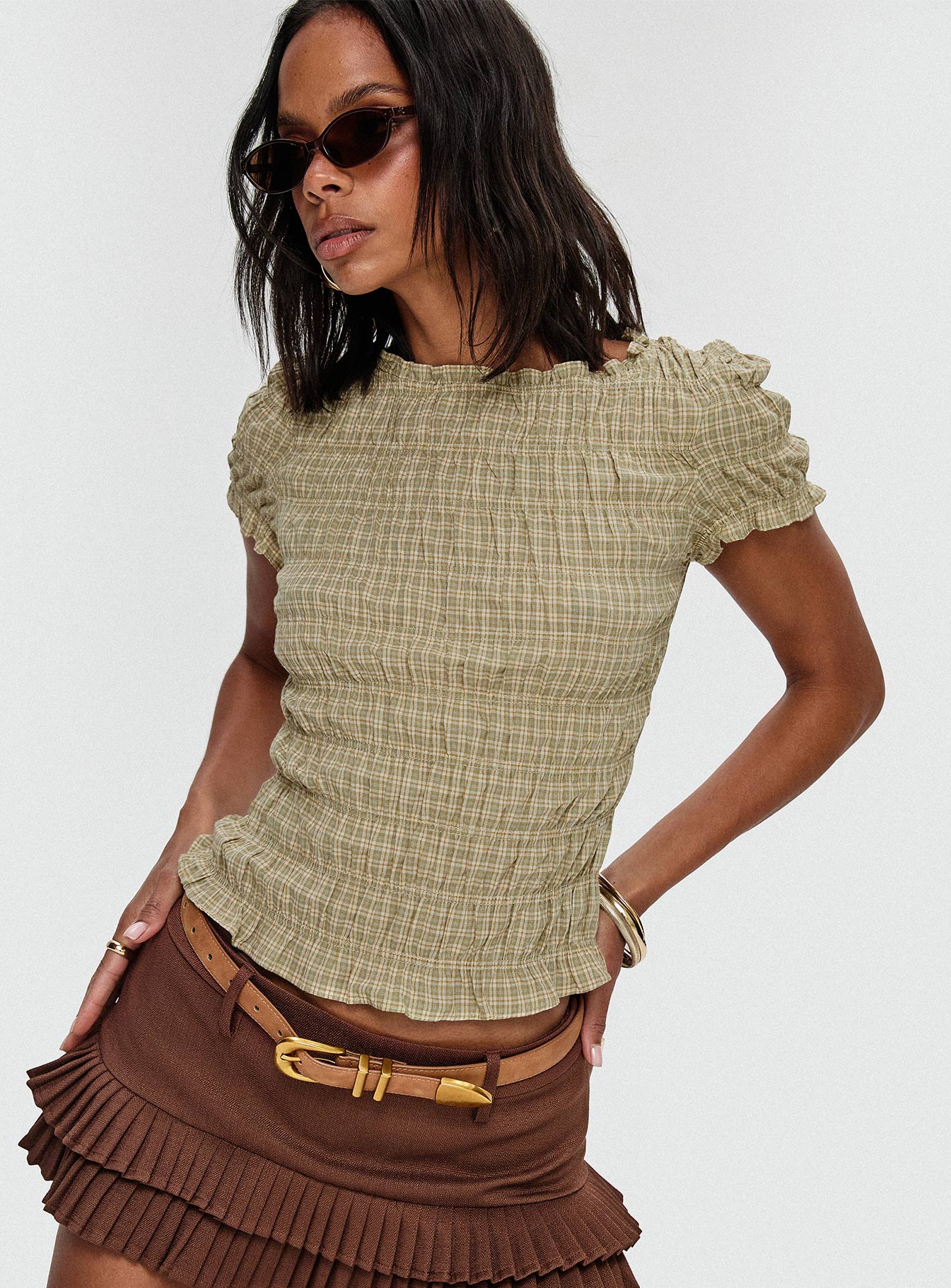 Romelle Shirred Top Green  Brown Plaid
