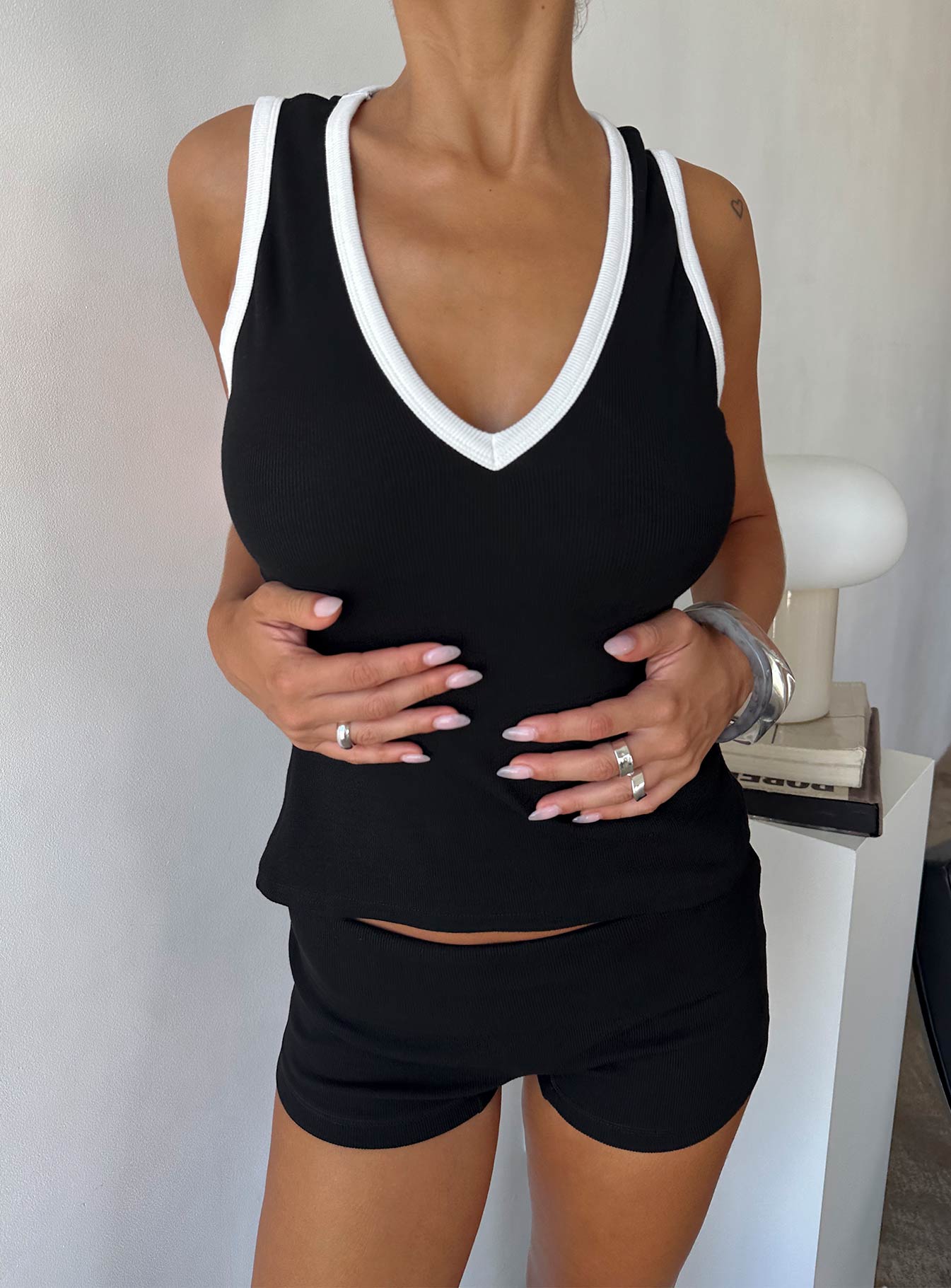 Baseline V Neck Rib Tank Top Black  White
