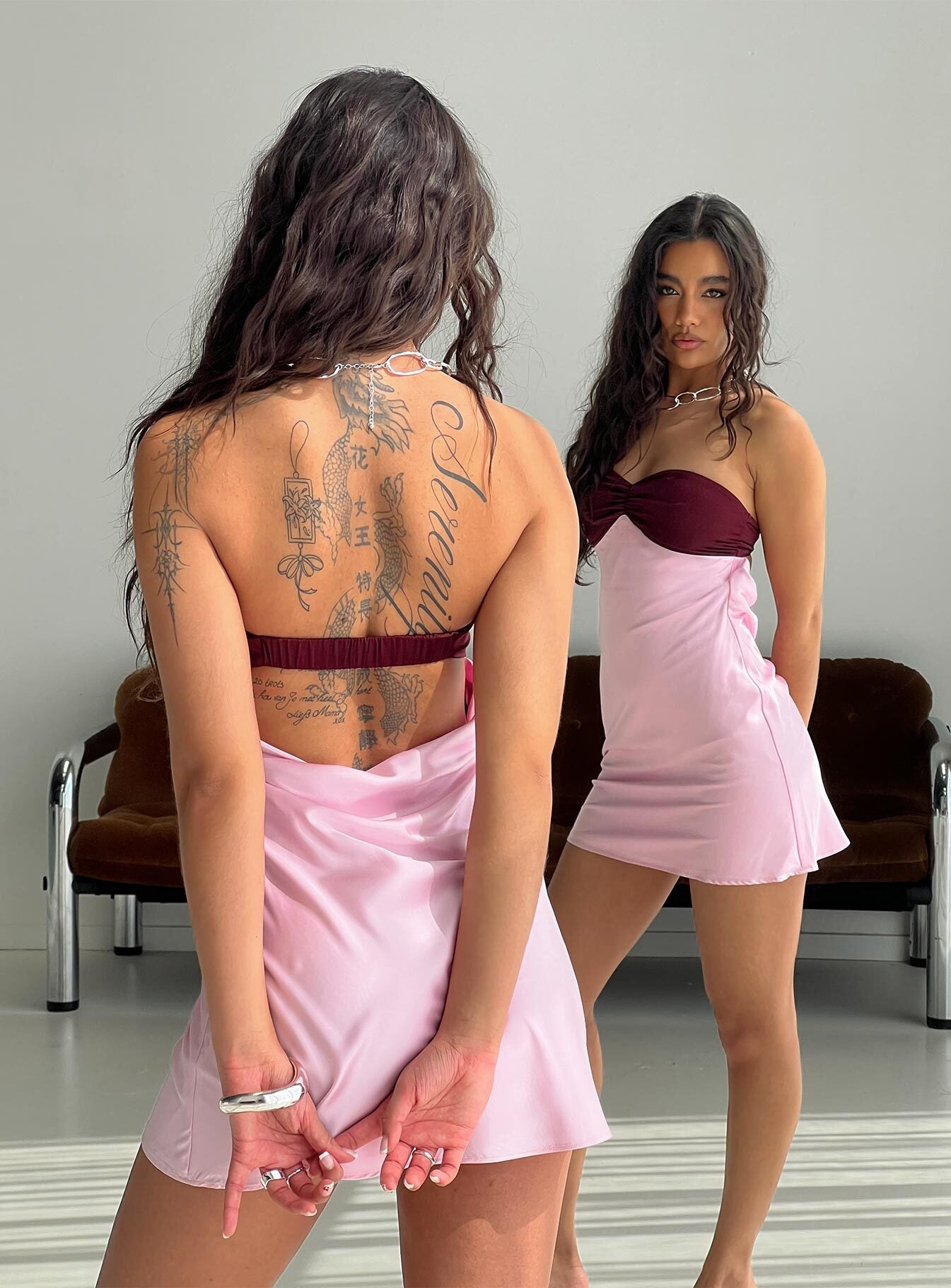 Luxa Ruched Mini Dress Pink  Wine
