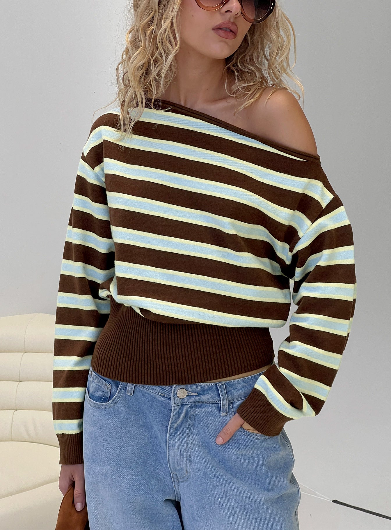 Zinia Off Shoulder Knit Sweater Brown  Blue Stripe