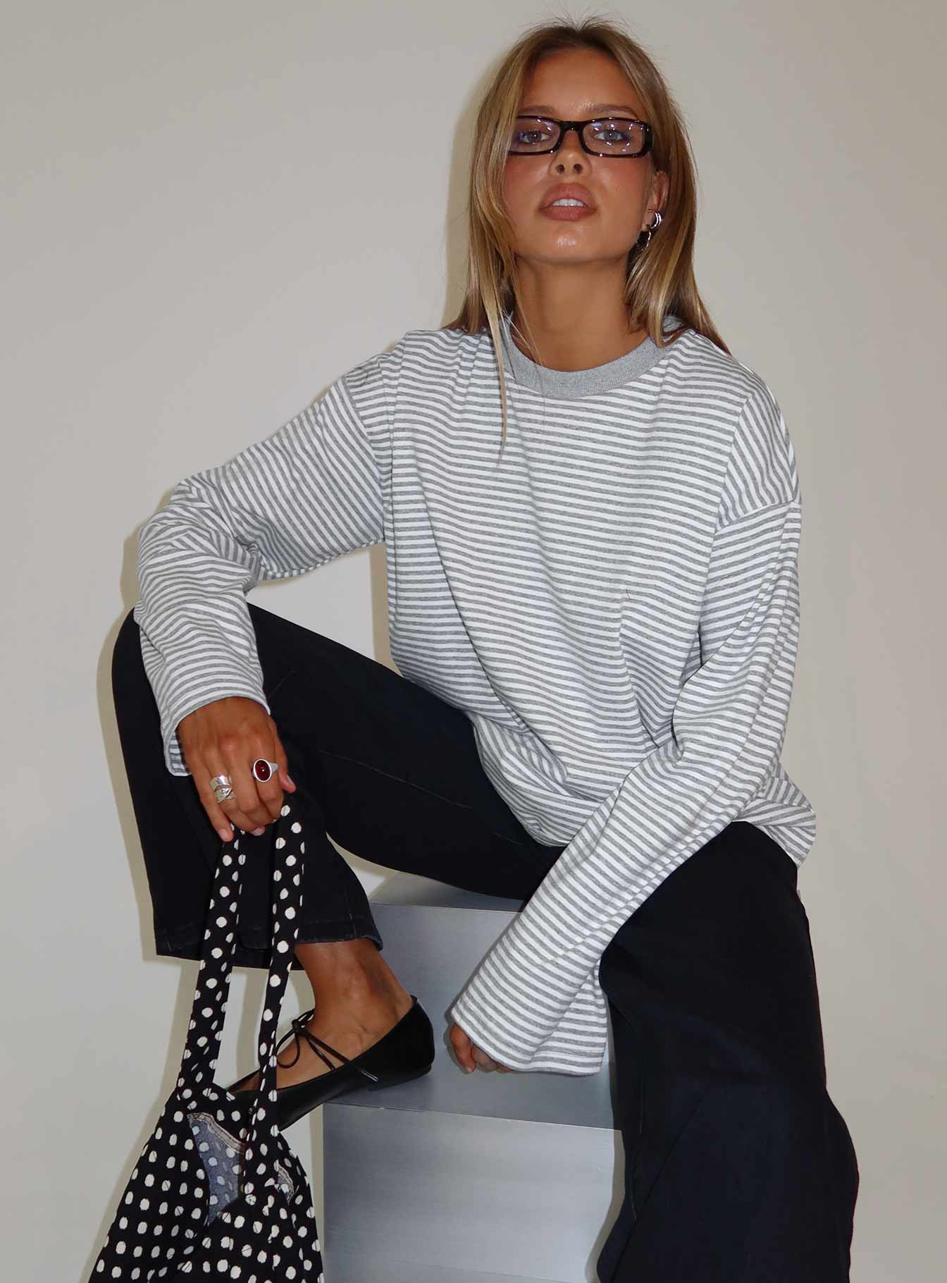 Settle Down Long Sleeve Top Grey  White Stripe
