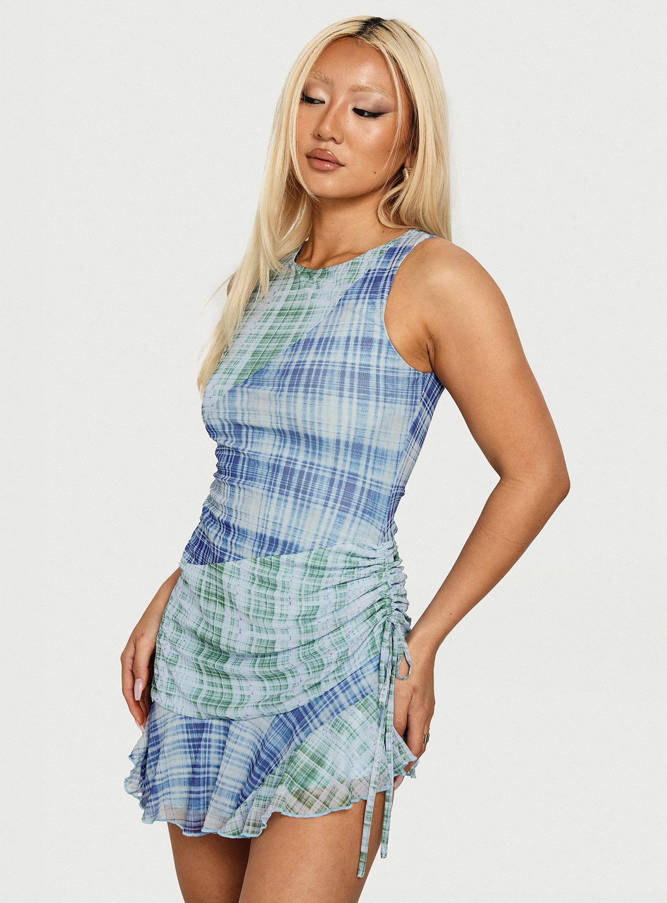 Timelapse Asymmetrical Splice Mini Dress Blue  Green Plaid