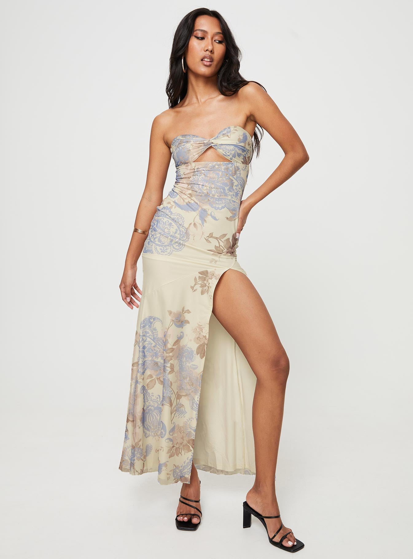 Kyanne High Split Maxi Dress Cream Multi - Image 2