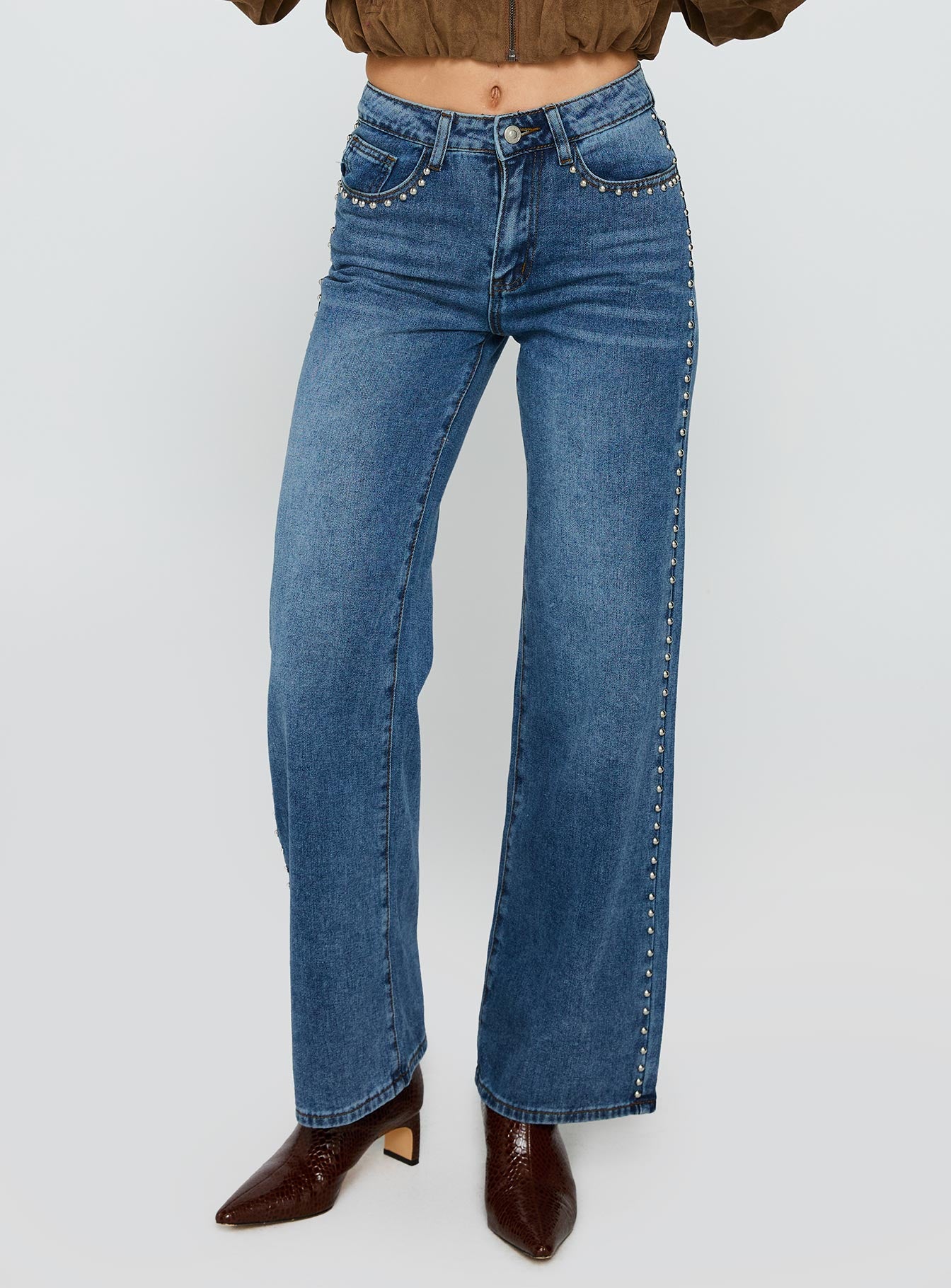 Saving Up Mid Rise Straight Leg Studded Jeans Mid Blue - Image 2