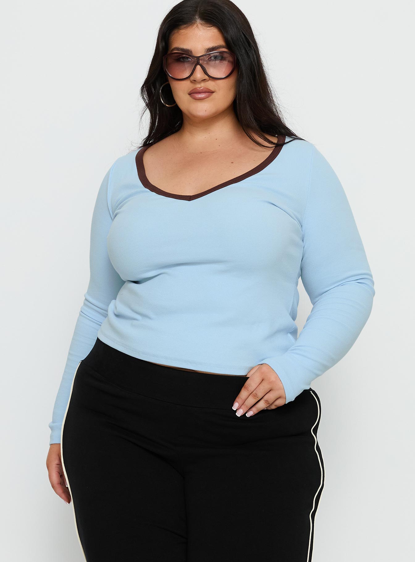 Baseline V Neck Long Sleeve Top Blue Brown Curve - Image 2