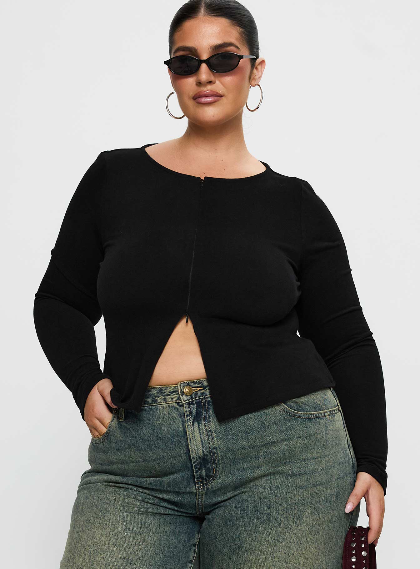 Kortez Long Sleeve Zip Through Top Black Curve - Image 2