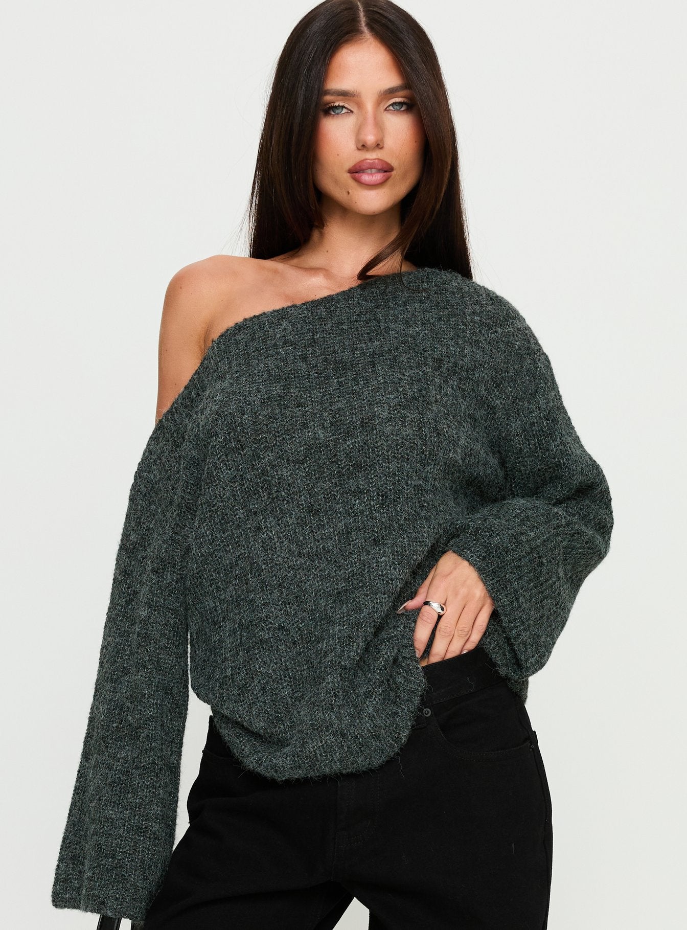 Delyn Off Shoulder Slouchy Knit Sweater Black Marle - Image 2