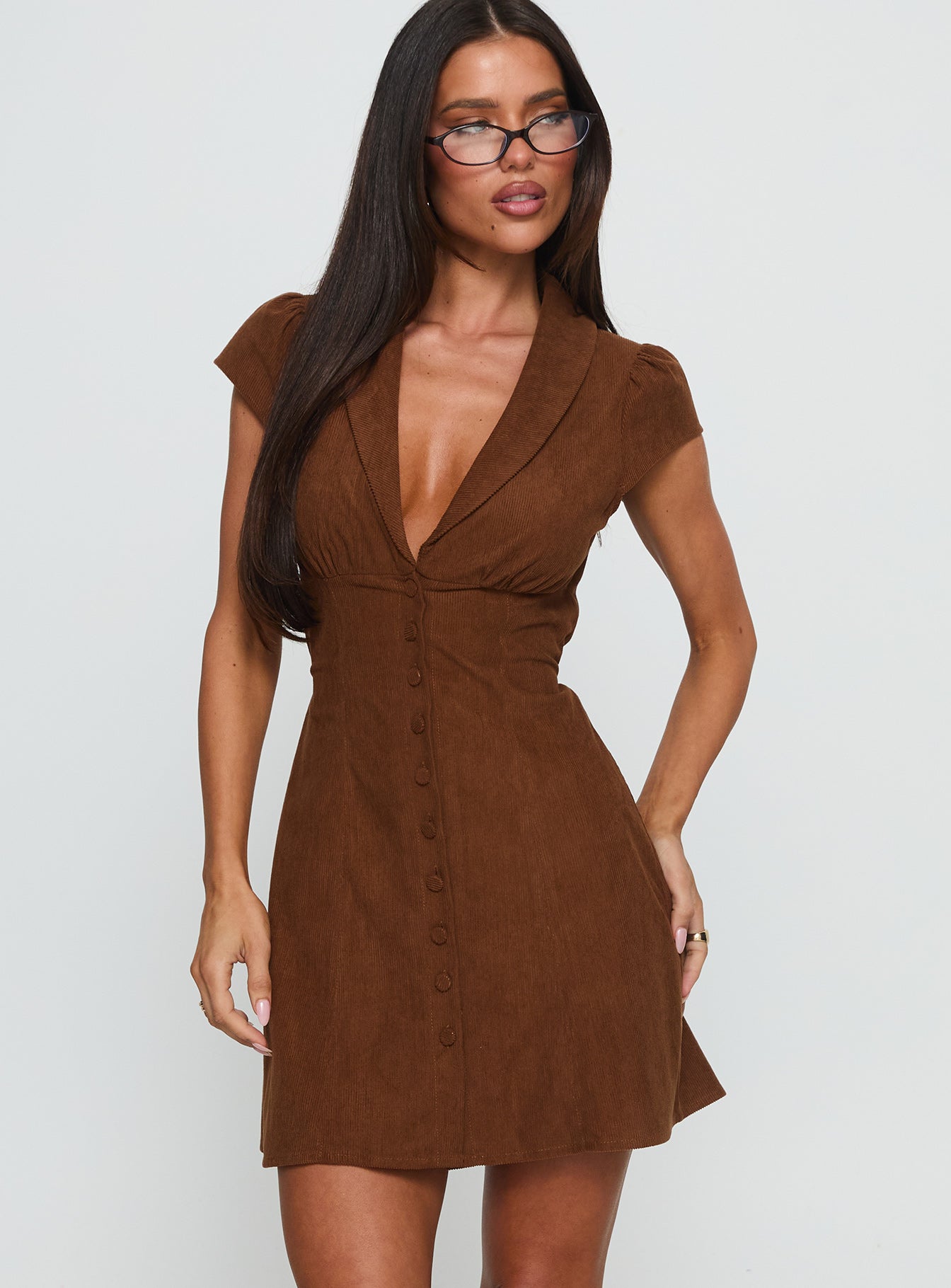 Magdalene Corduroy Button Down Mini Dress Chocolate - Image 2