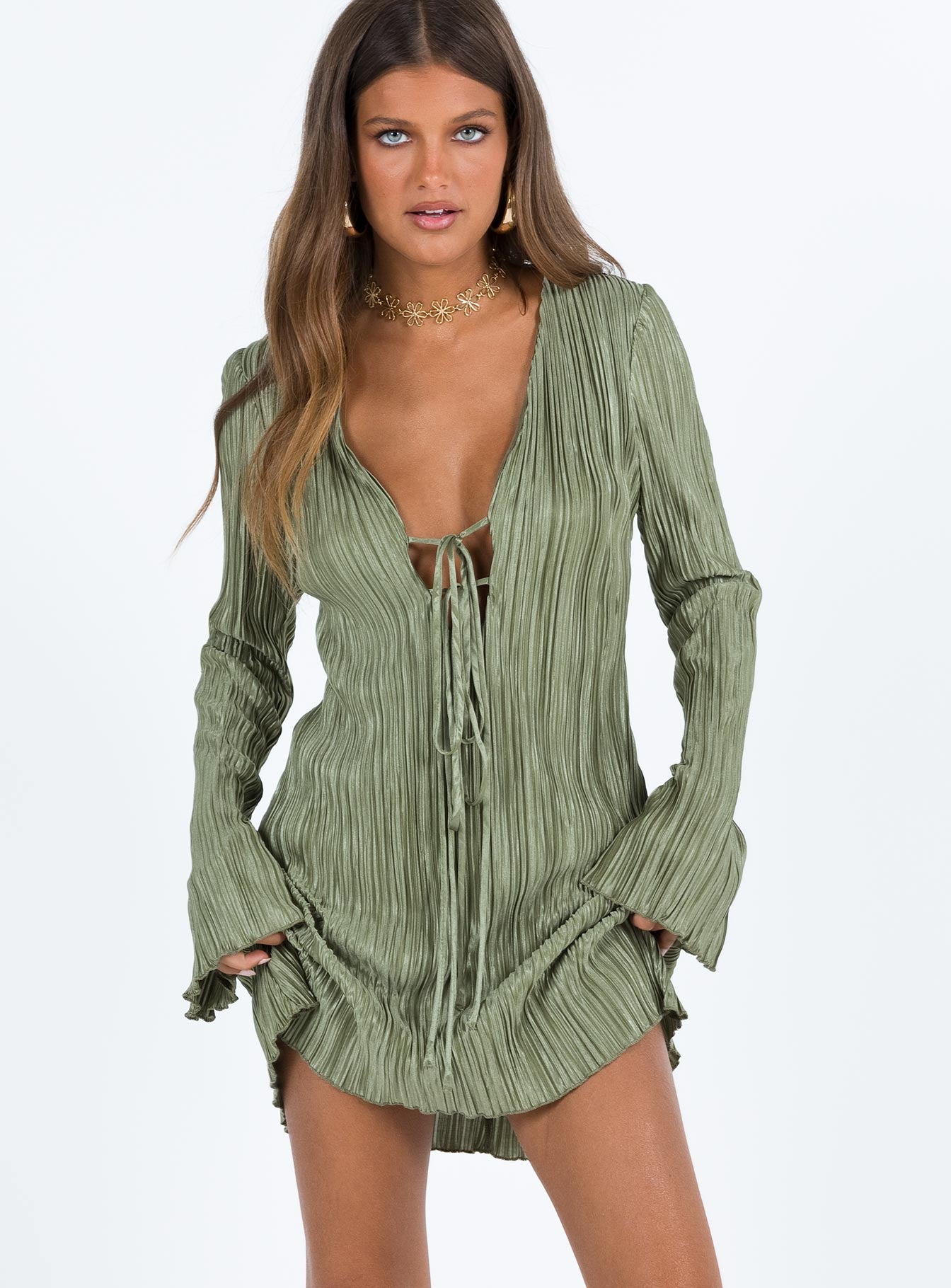 Malop Long Sleeve Mini Dress Sage - Image 5