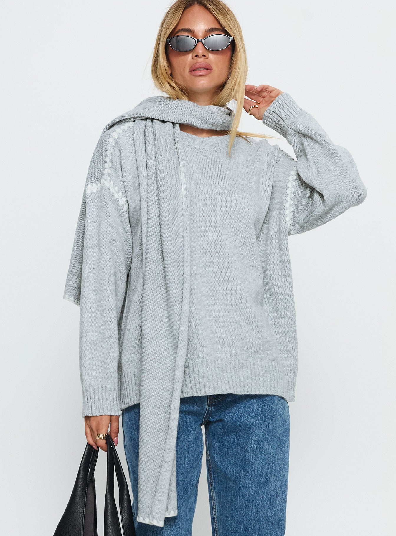 Keriana Contrast Stitch Knit Sweater Grey White - Image 2