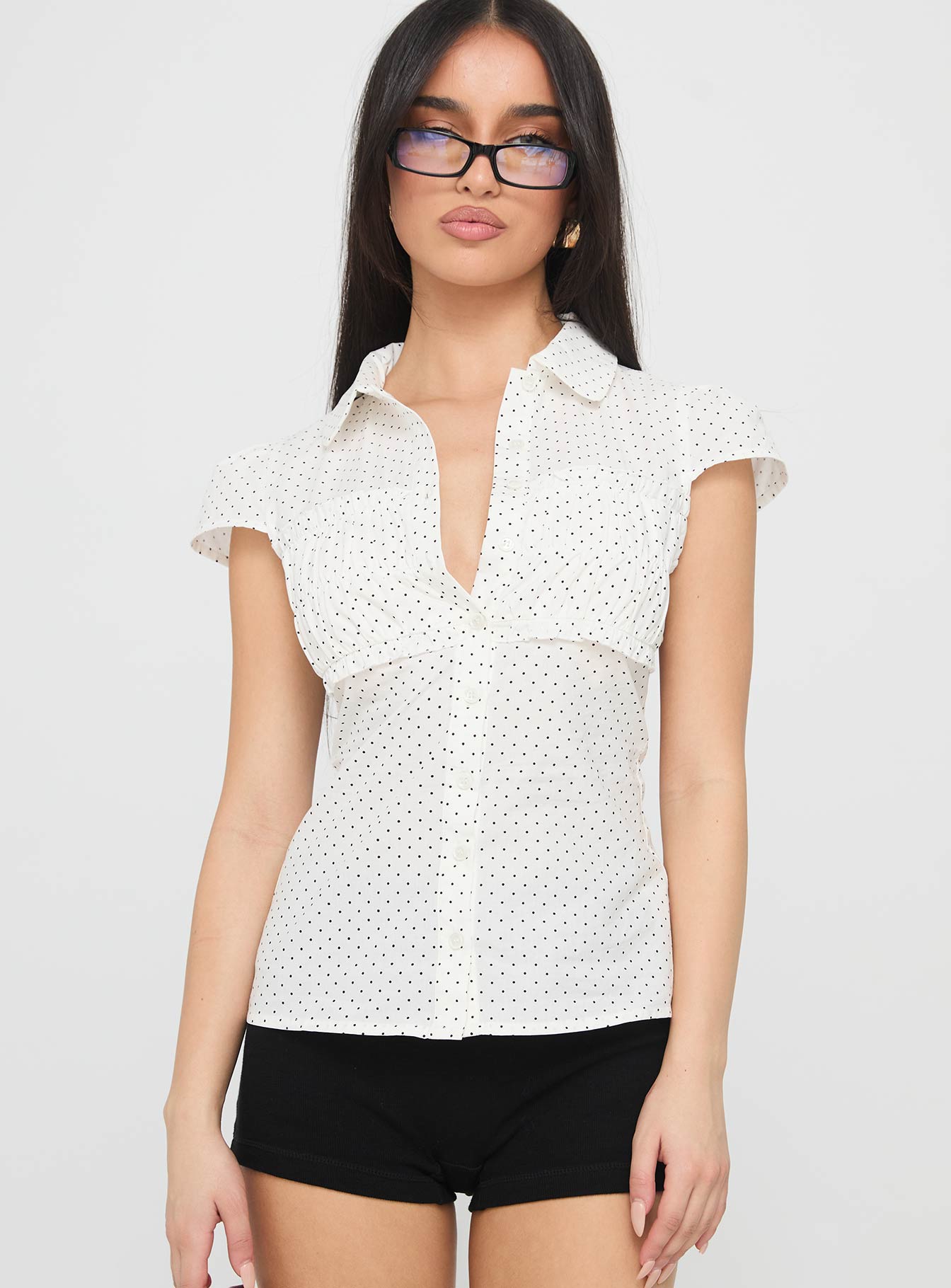 Lyzbeth Ruched Button Up Top White Polka - Image 2