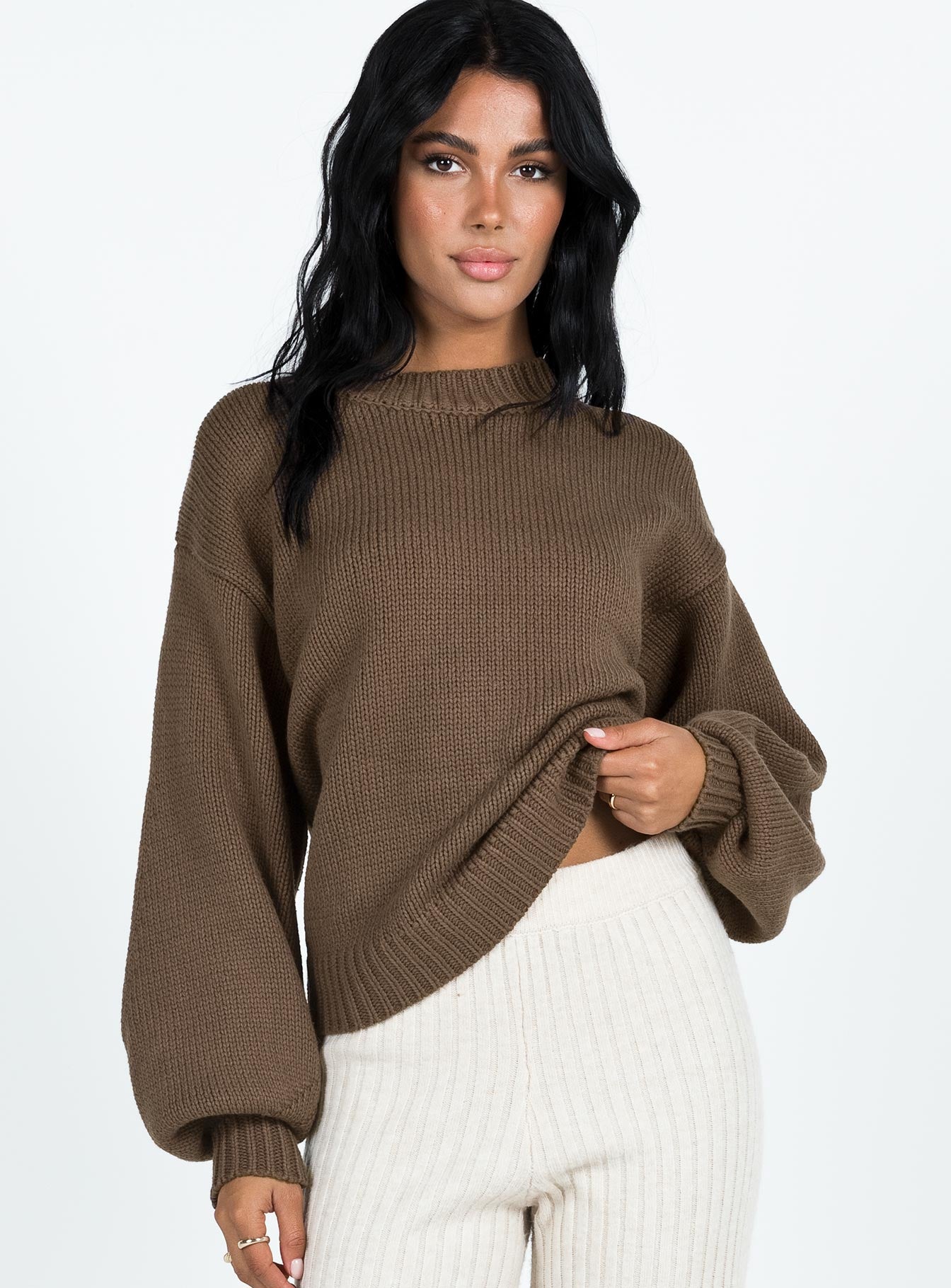 Harmony Balloon Sleeve Knit Sweater Dark Brown - Image 2