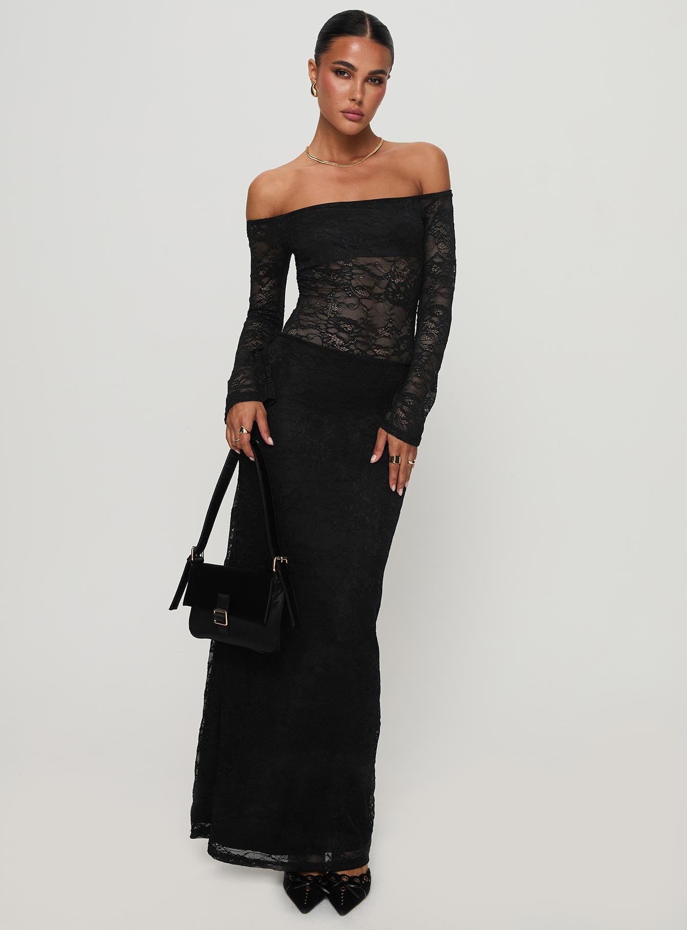 Pinot Grigio Long Sleeve Lace Maxi Dress Black - Image 2