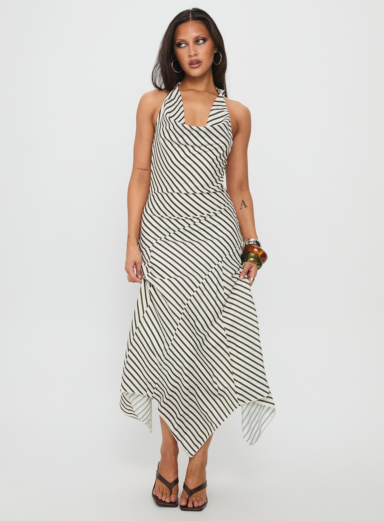 Junipa Halter Asymmetrical Maxi Dress White Stripe - Image 2