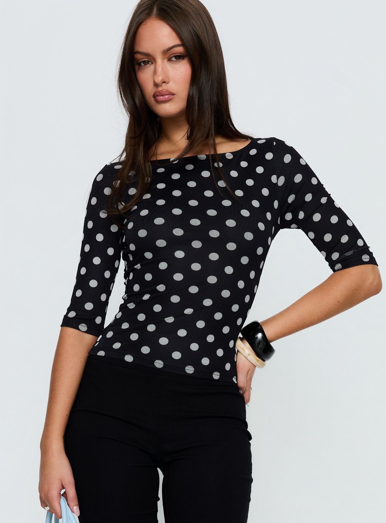 Venna 34 Sleeve Boat Neck Top Black White Polka - Image 2