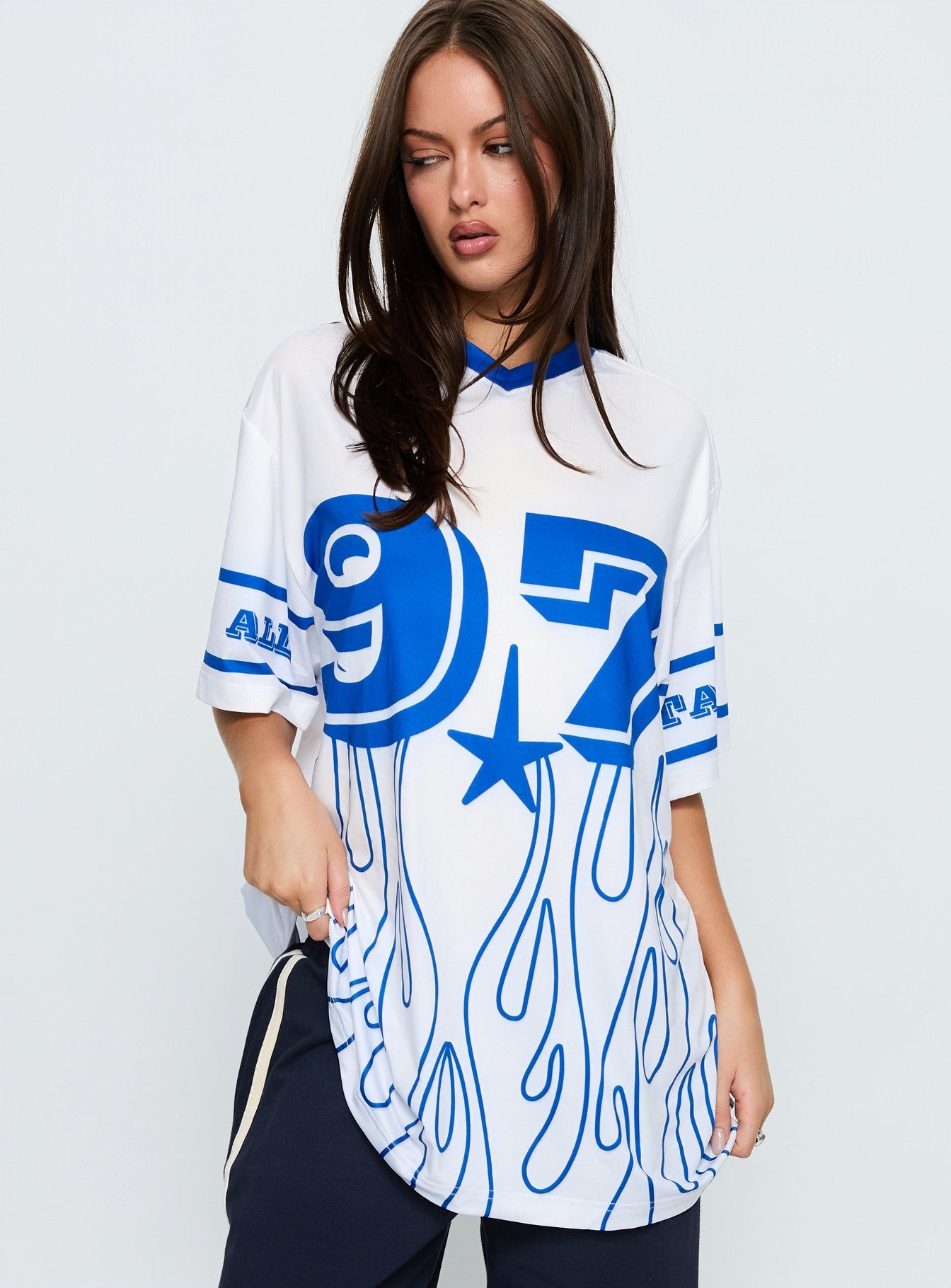 97 Sportstar Oversized Jersey Graphic Top White Blue - Image 2