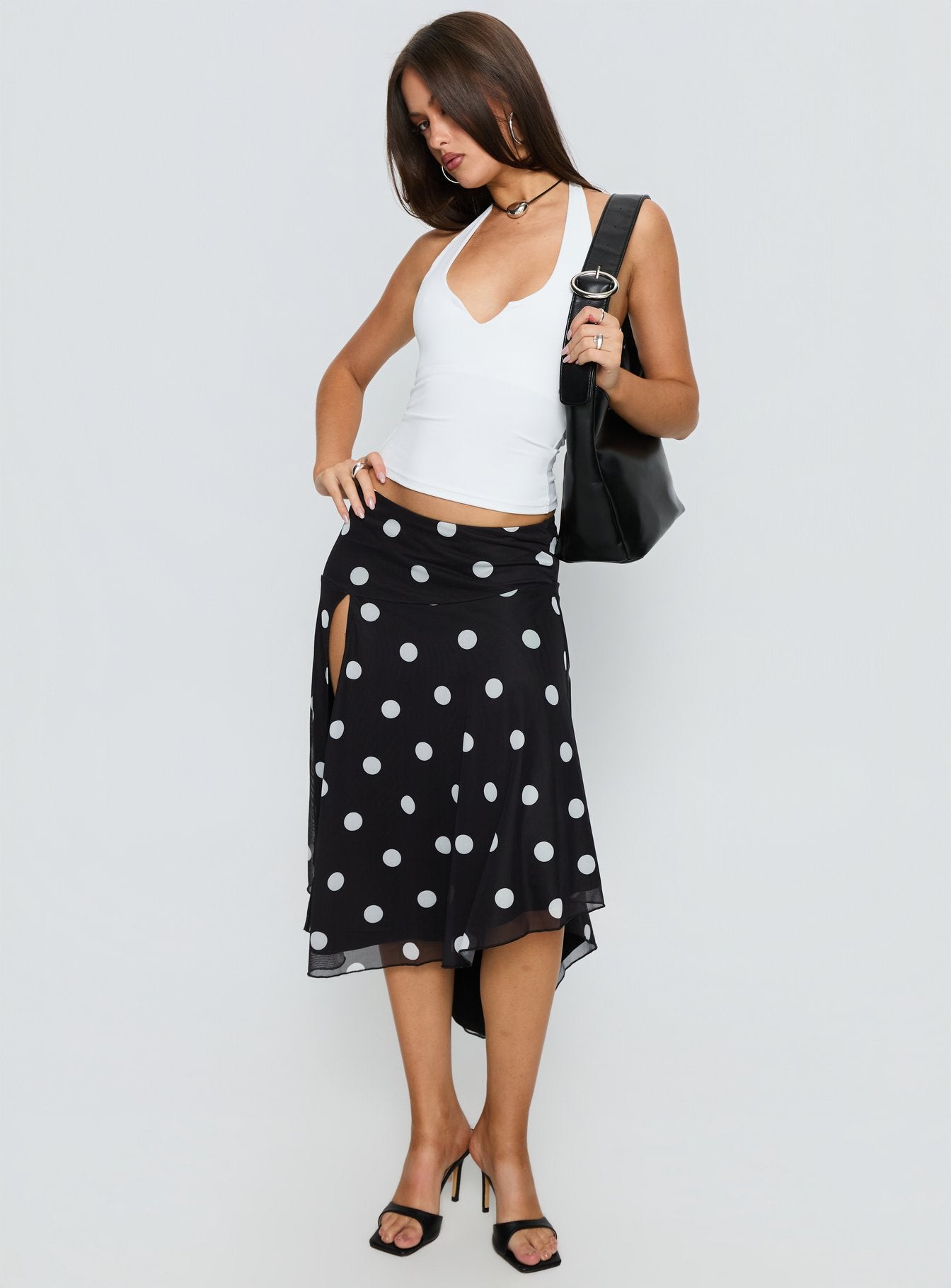 Dulciana High Split Asymmetrical Midi Skirt Black Polka Dot - Image 2