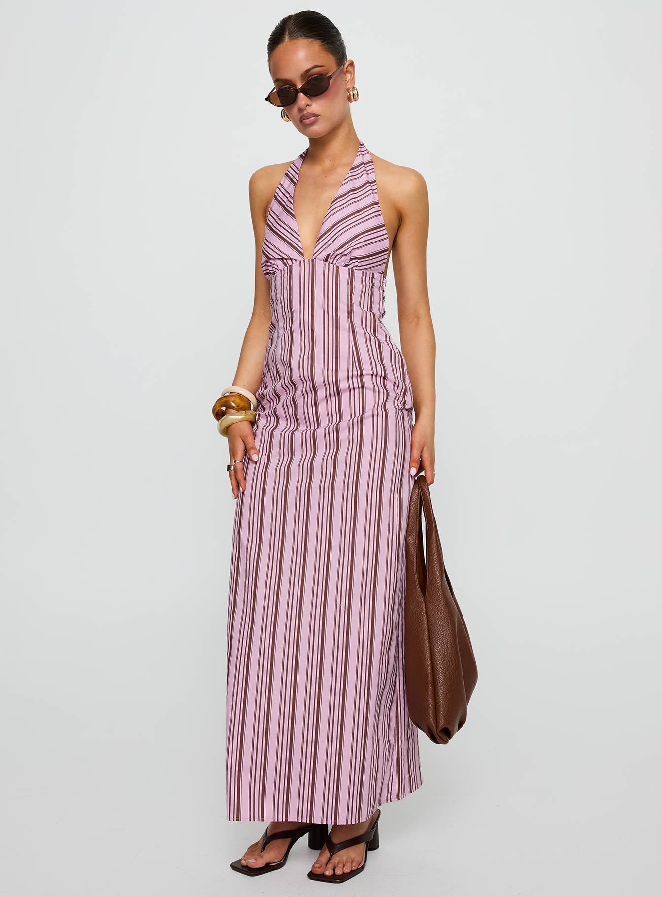 Avrie Halter Maxi Dress Pink Brown Stripe - Image 2