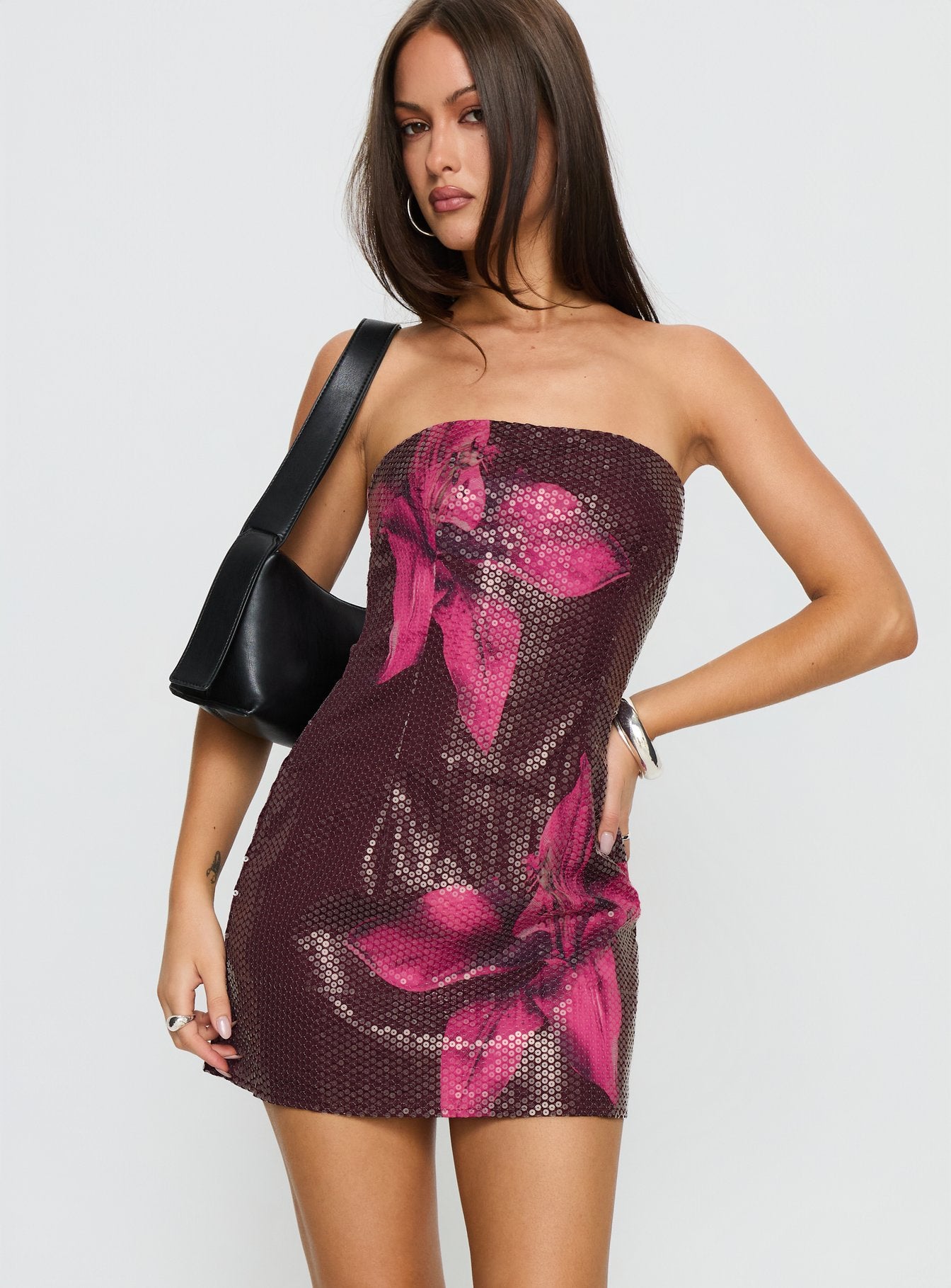 Desiri Strapless Sequin Mini Dress Brown Pink Floral - Image 2
