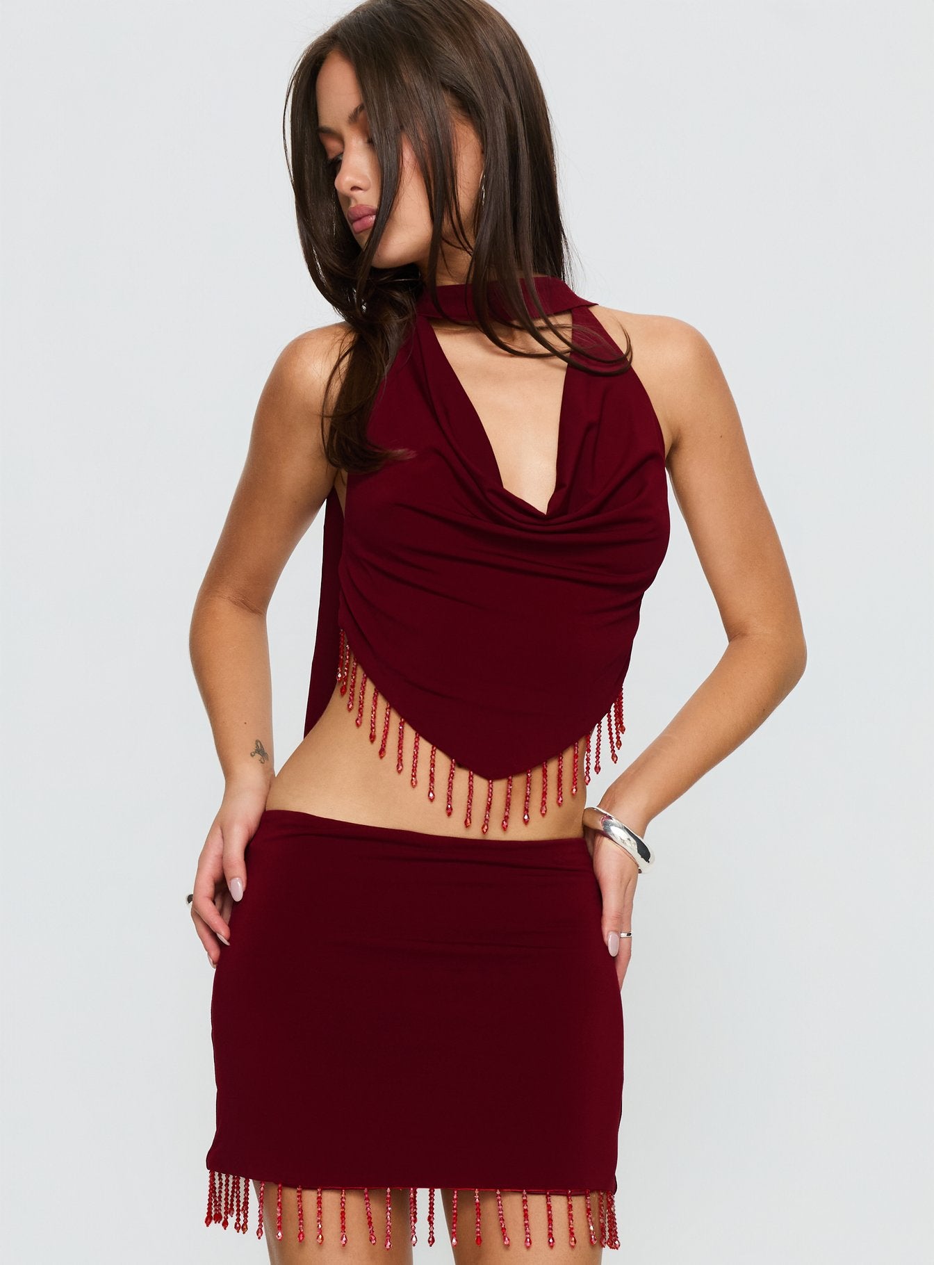 Ginah Bead Tassel Cowl Neck Top Red - Image 2