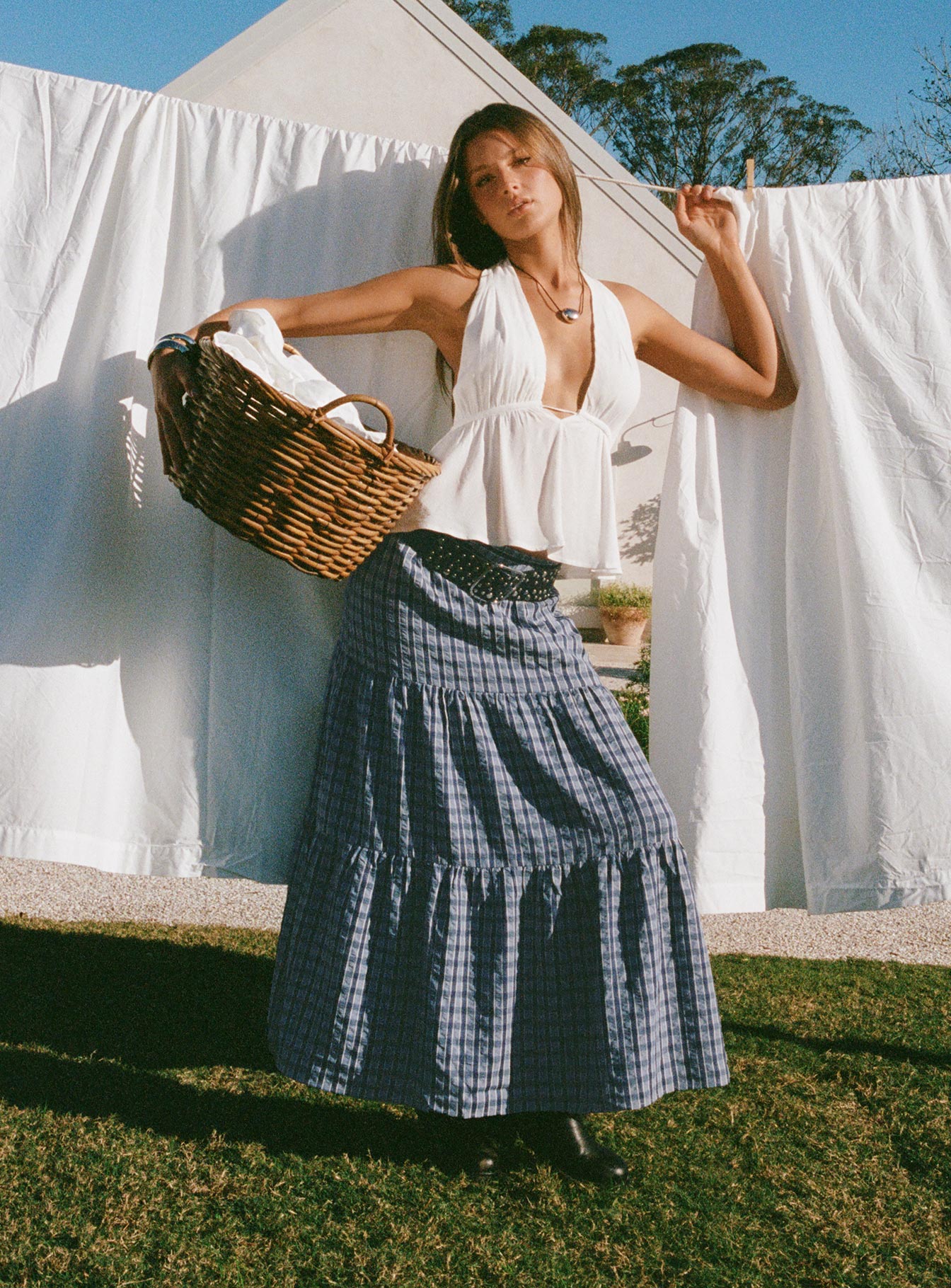 Rockwell Tiered Midi Skirt Navy Check - Image 9