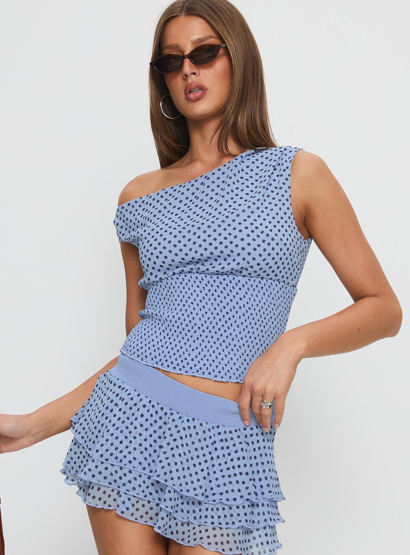 Ready To Party Off Shoulder Top Blue Polka - Image 2
