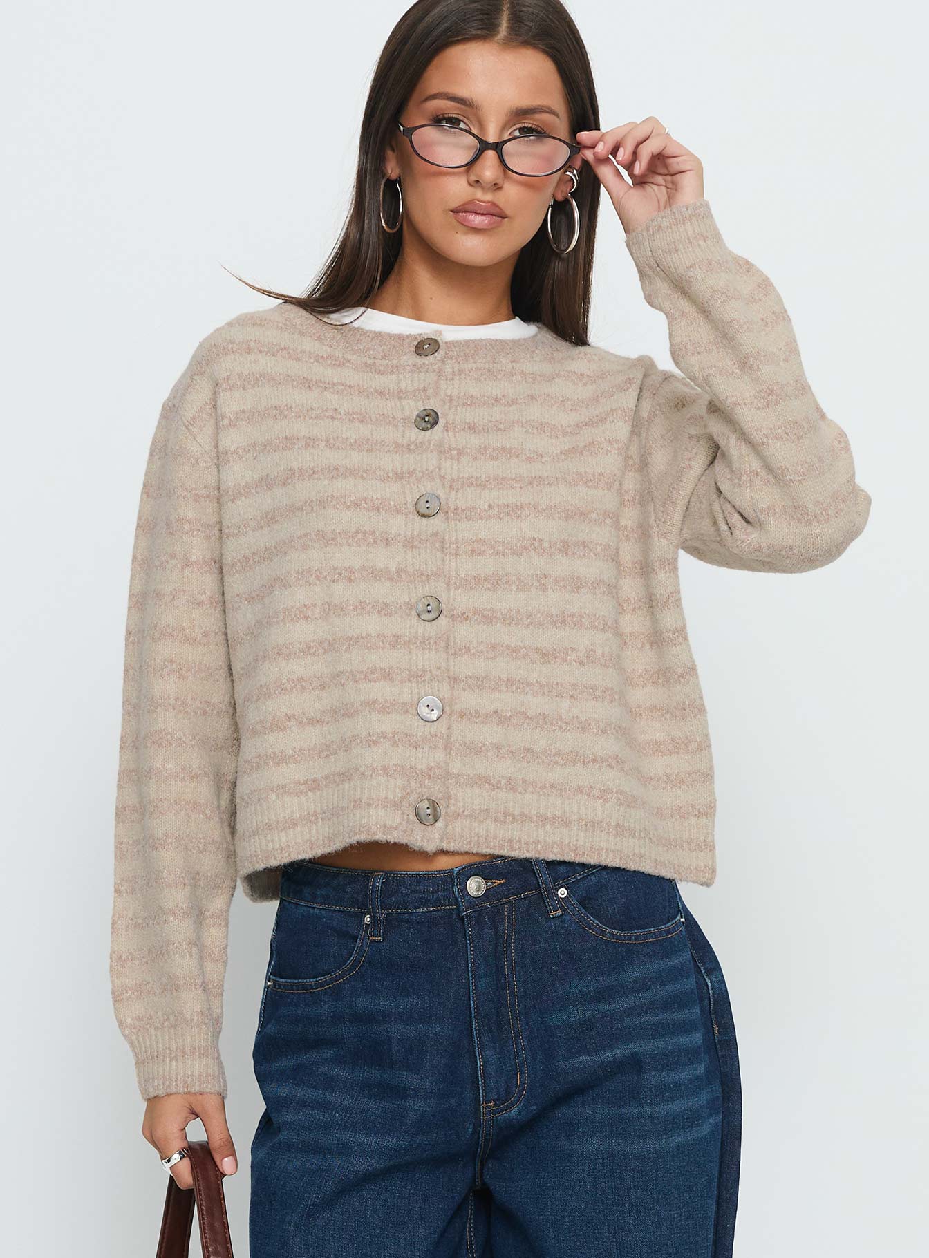 Raynna Button Up Cardigan Beige Stripe - Image 2