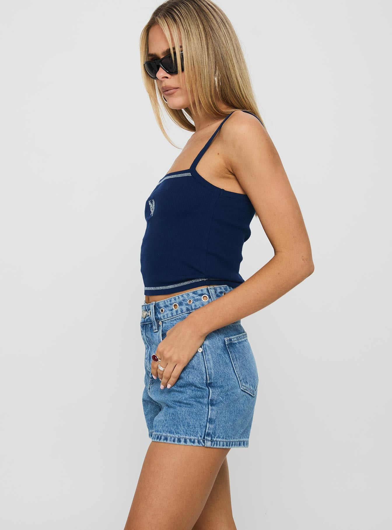 Tropicana Denim Eyelet Detail Shorts Mid Blue - Image 4