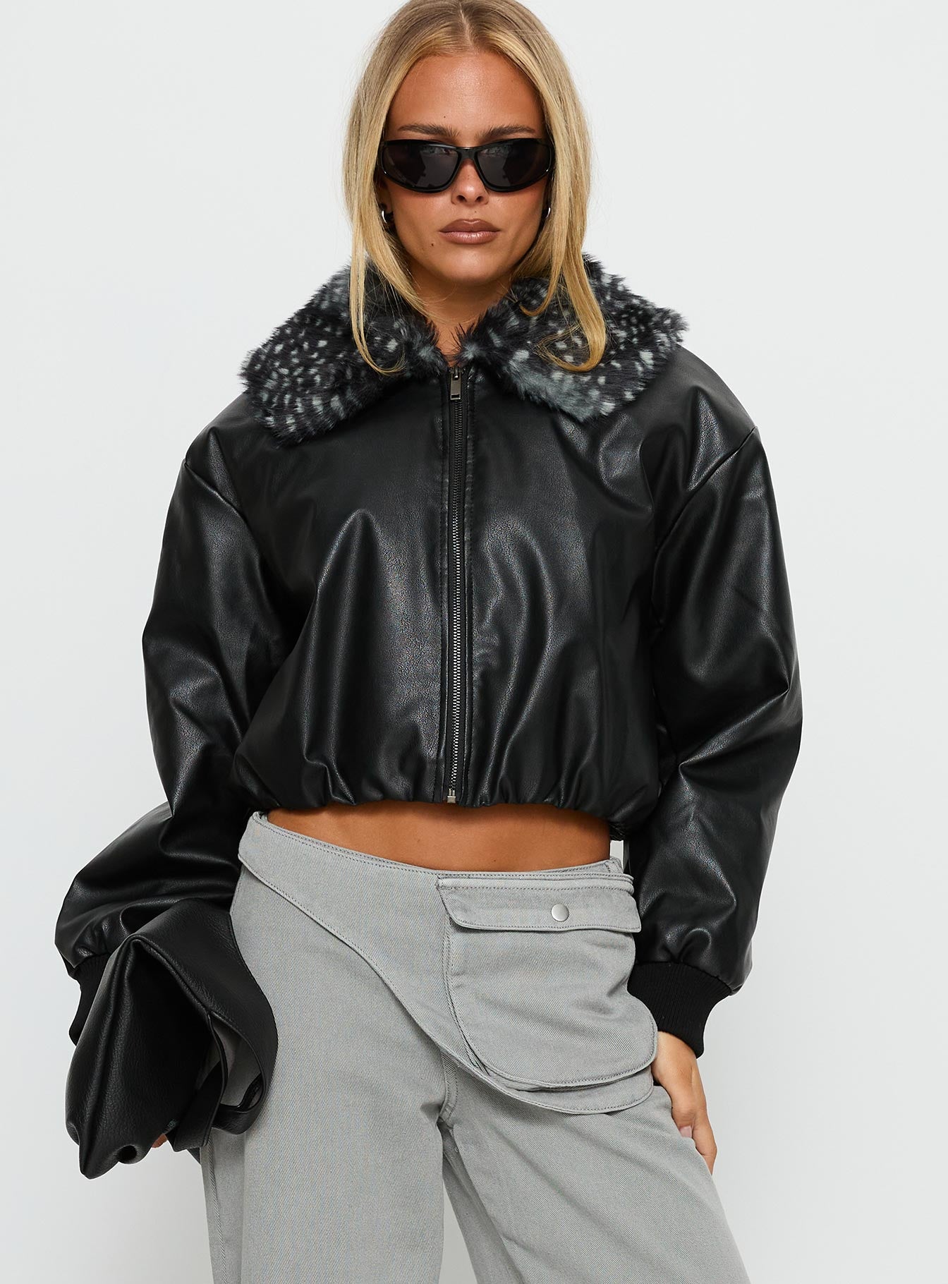 Koemi Faux Leather Collared Jacket Black - Image 2