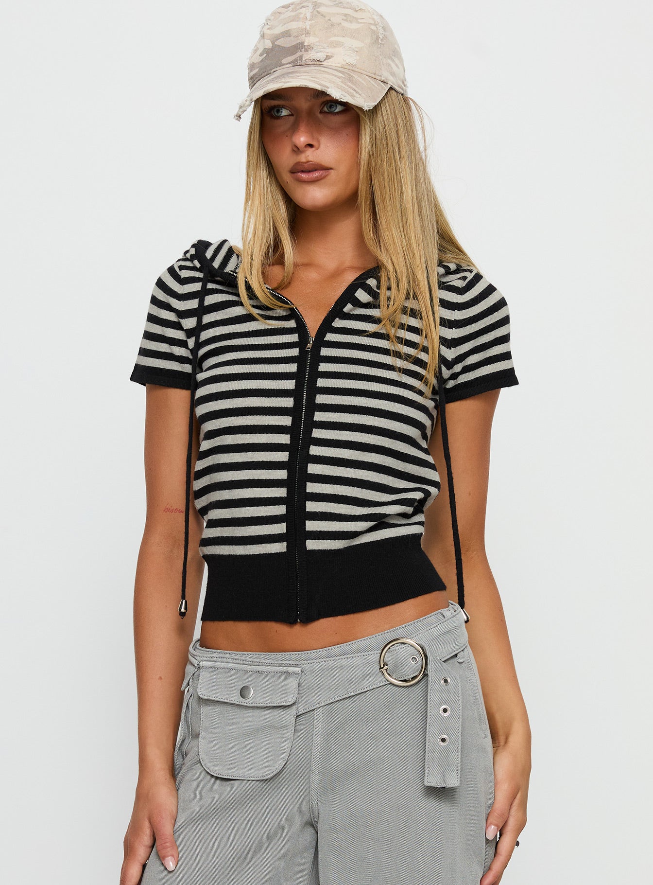 Kahlee Zip Through Hoodie Grey Black Stripe - Image 2