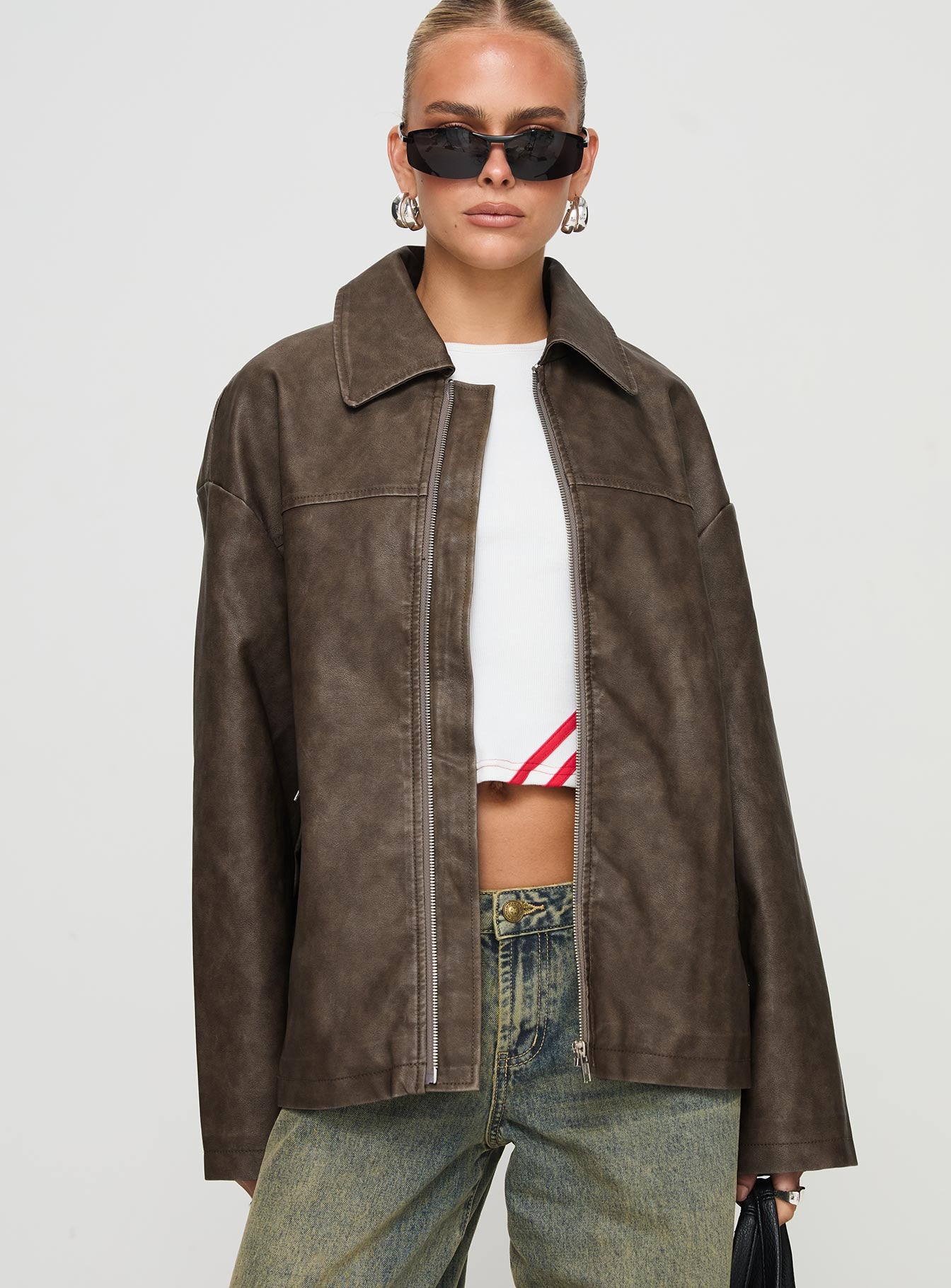 Faux Leather Collared Dad Jacket Washed Brown - Image 2