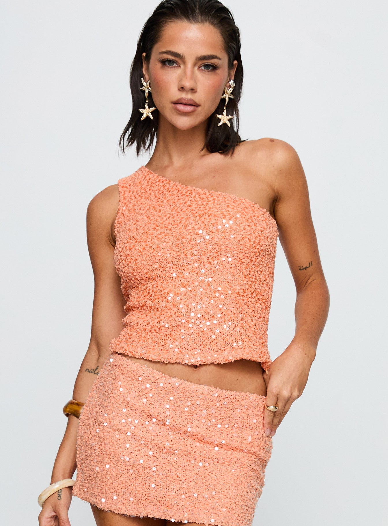 Zaraya Sequin One Shoulder Top Orange - Image 2