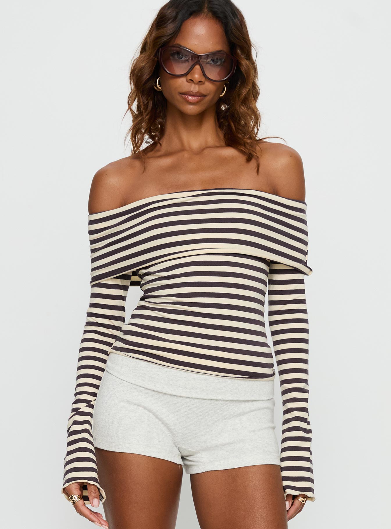 Janicia Off Shoulder Top Charcoal Stripe - Image 2