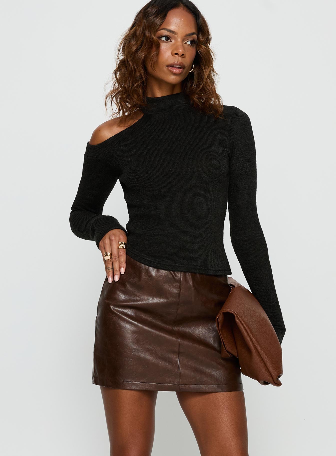 Vivienna Faux Leather Mini Skirt Brown - Image 2