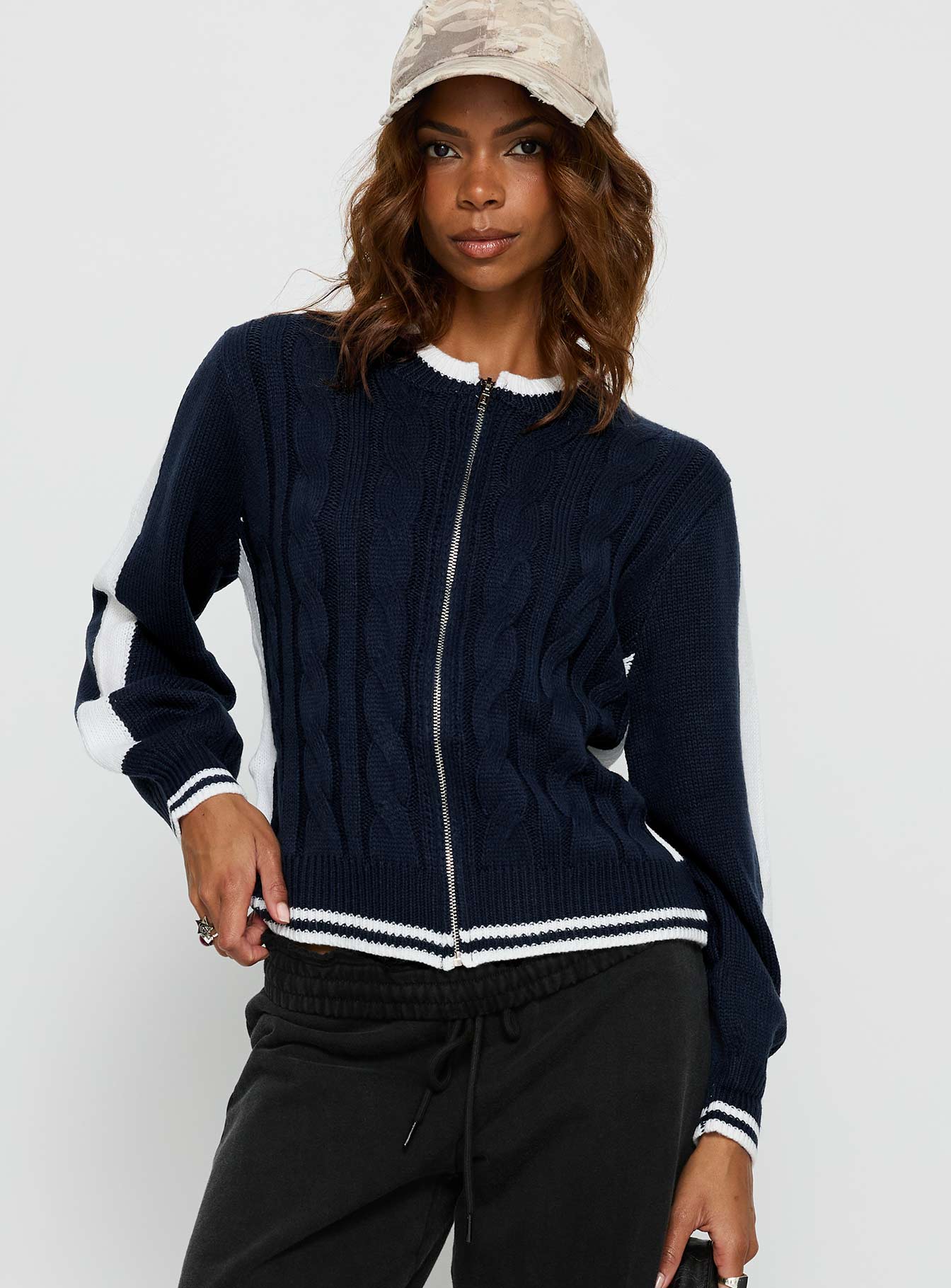 Tevyn Cable Knit Zip Through Knit Sweater Blue  Cream