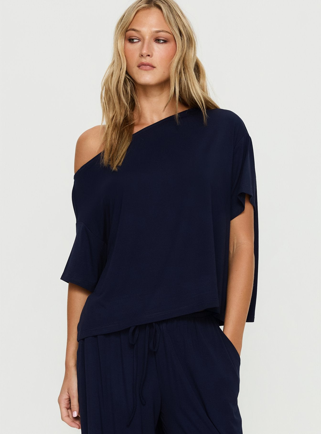Cozy Hour Sleep Relaxed Off Shoulder Top Navy - Image 2