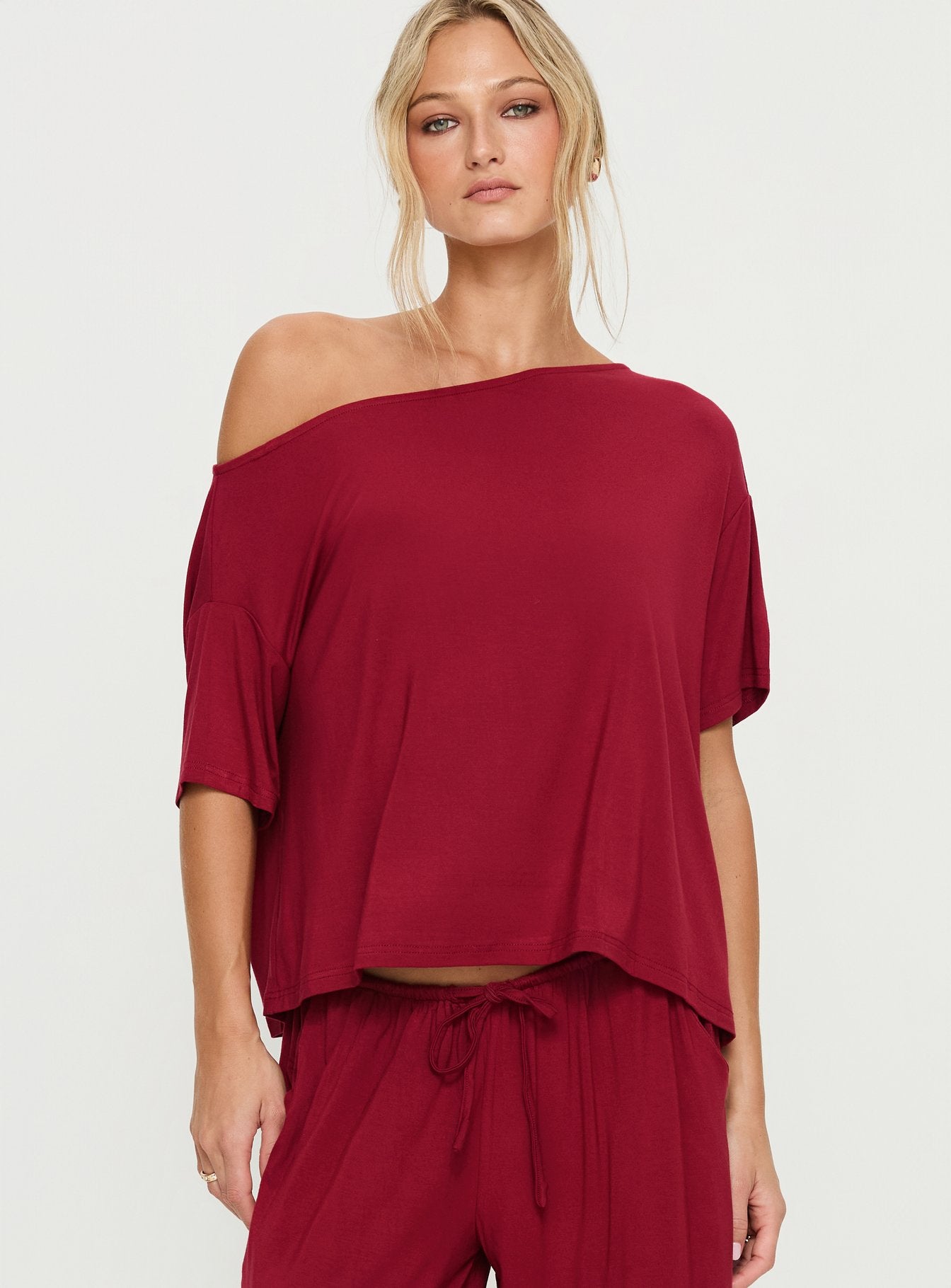 Cozy Hour Sleep Relaxed Off Shoulder Top Red - Image 2