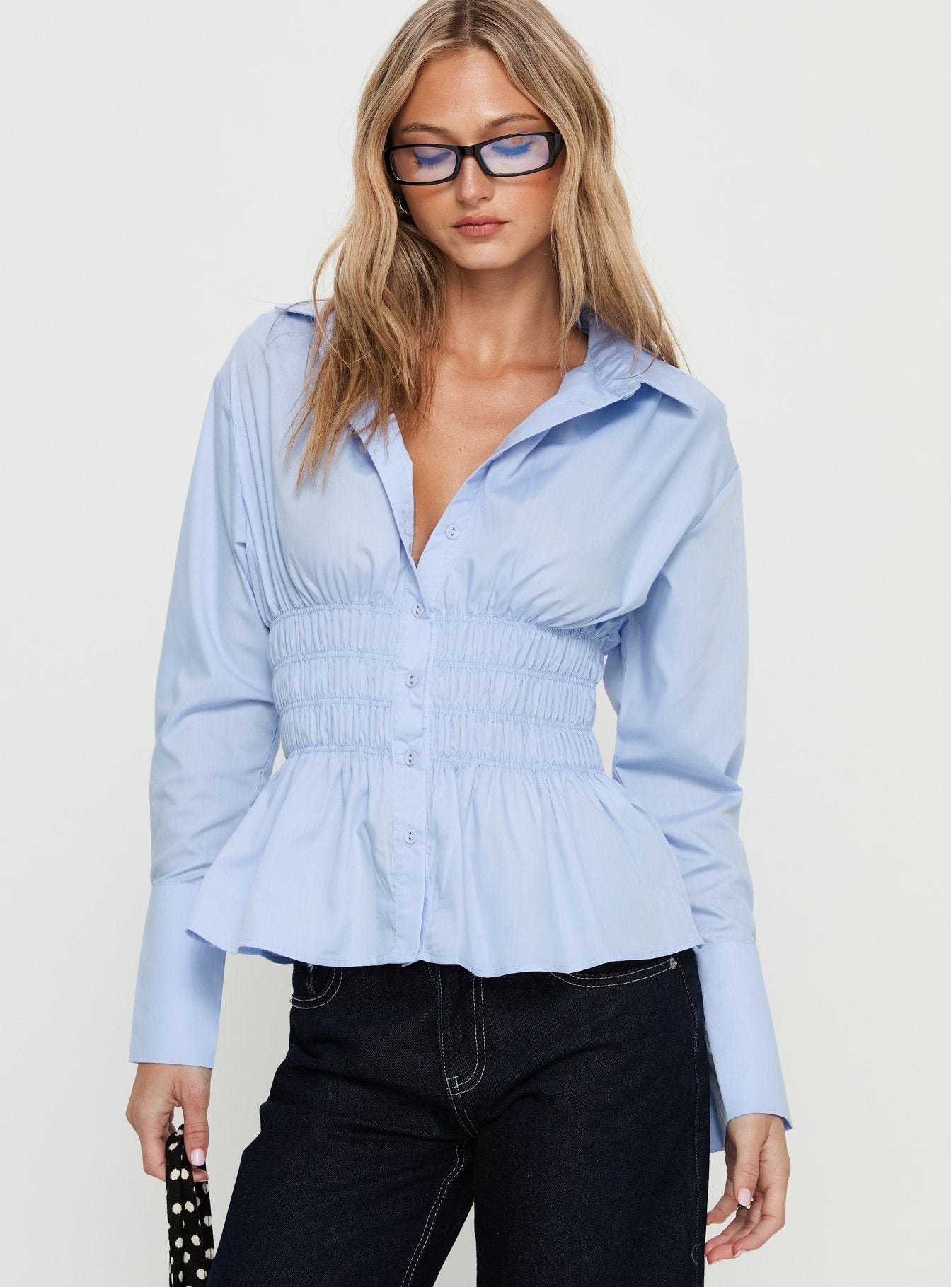 As You Are Shirred Button Up Top Soft Blue - Image 2