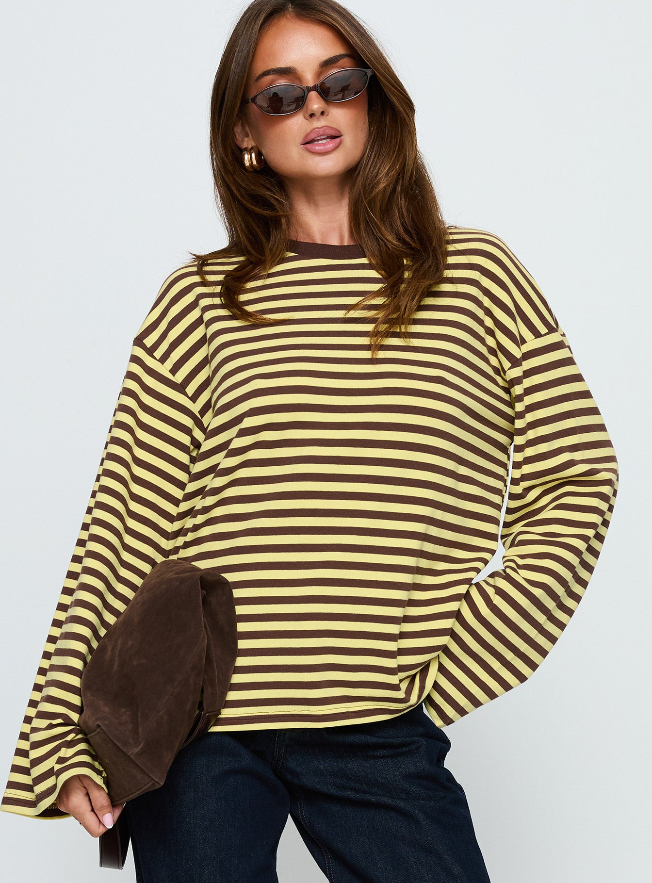 Settle Down Long Sleeve Top Yellow Brown Stripe - Image 2