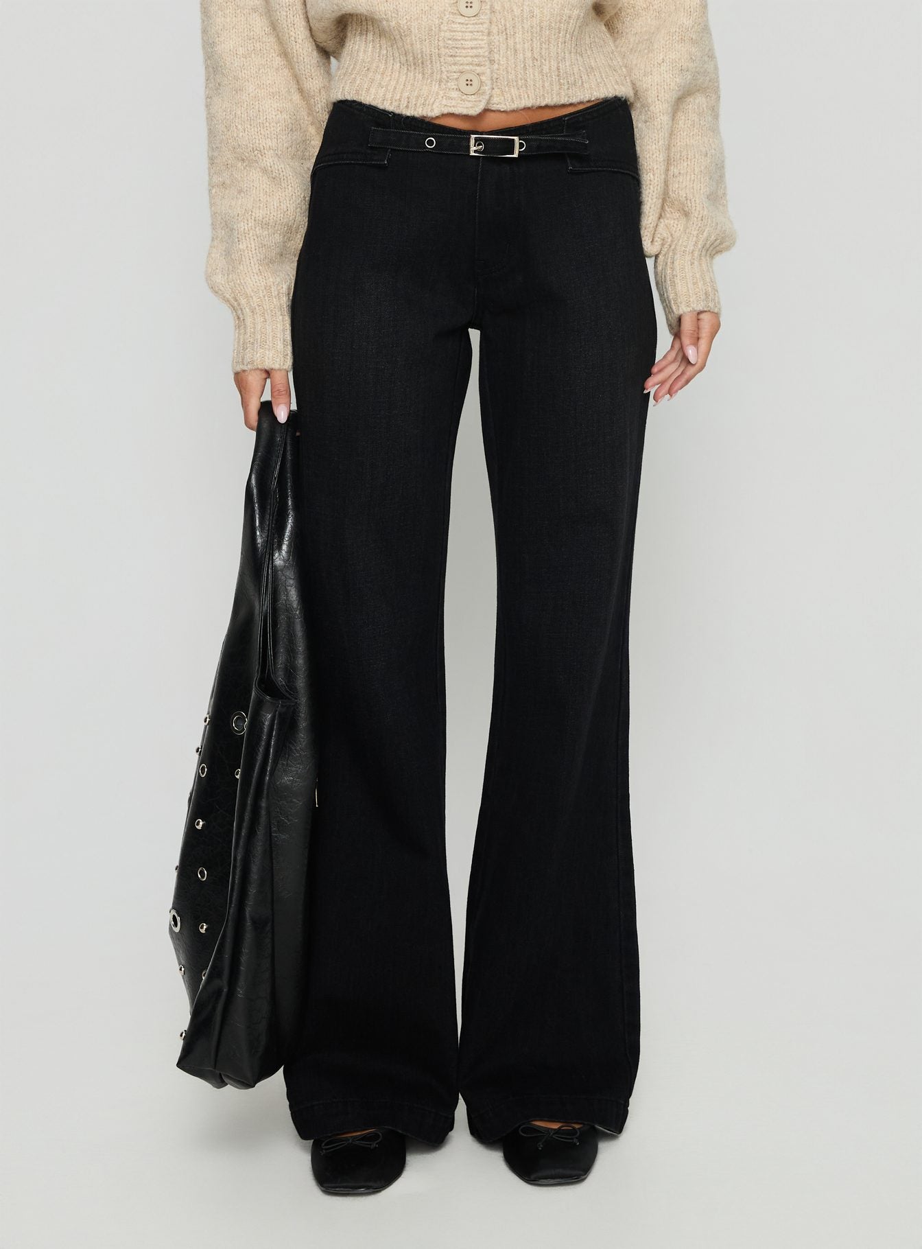 Slow Ride Mid Rise Bootleg Belted Jeans Washed Black - Image 2