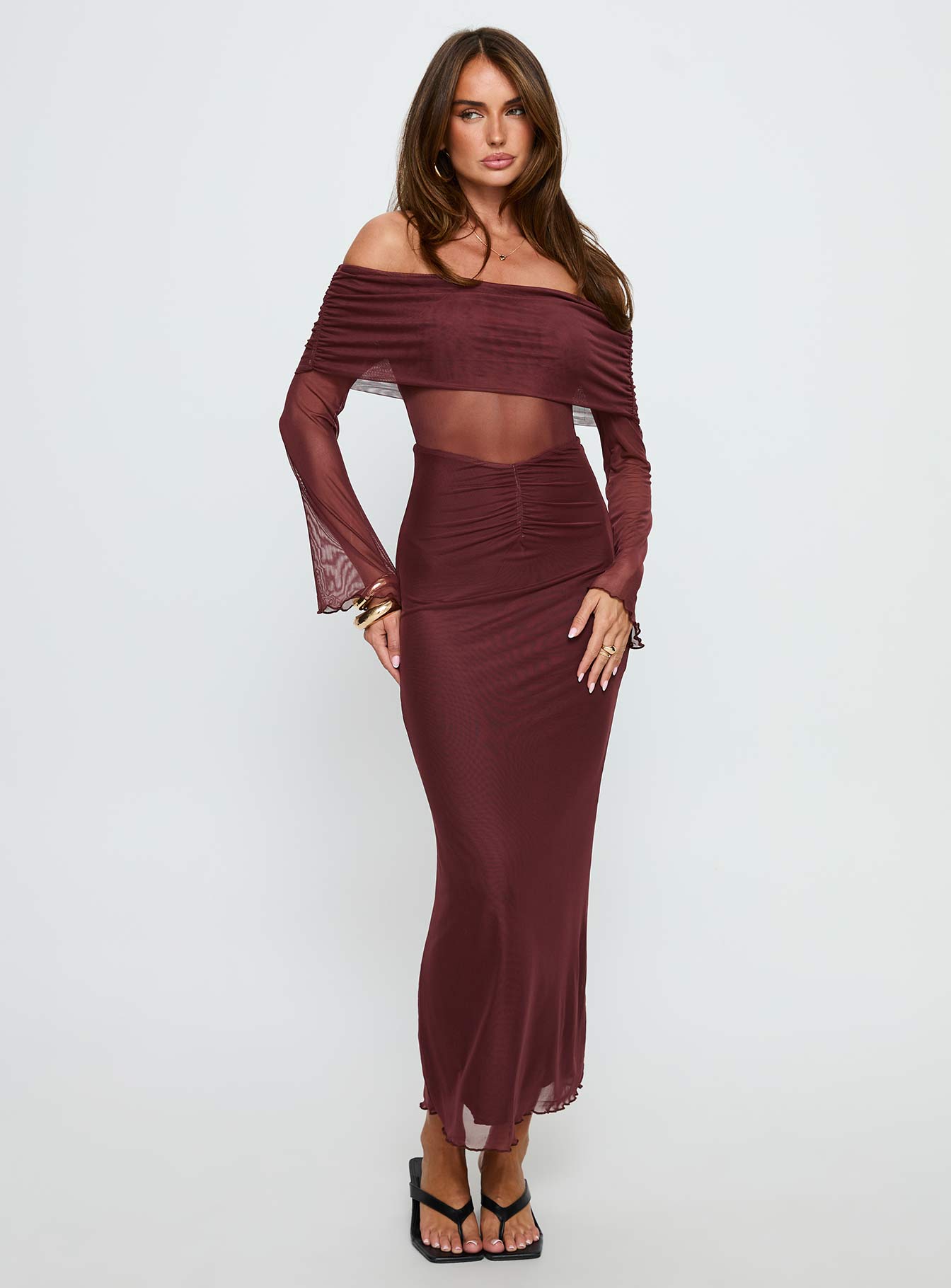 Velouria Off Shoulder Long Sleeve Maxi Dress Brown - Image 2