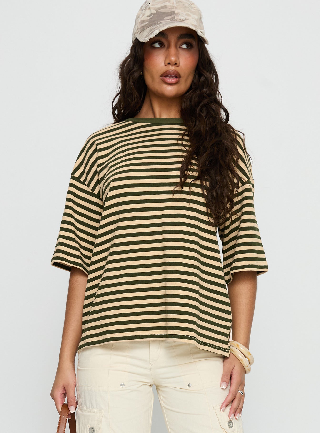 Settle Down Short Sleeve Top Green Cream Stripe - Image 2